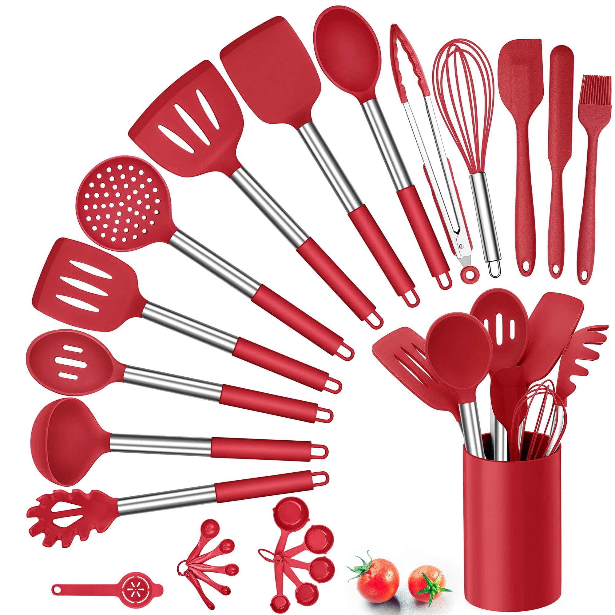 Silicone Kitchen Utensils Set, Herogo 25 Pcs Cooking Utensil with Holder, Heat Resistant Kitchen Tools with Stainless Steel Handle for Non-Stick Cookware, Turner Spatula Spoon Tong Brush Whisk, Red