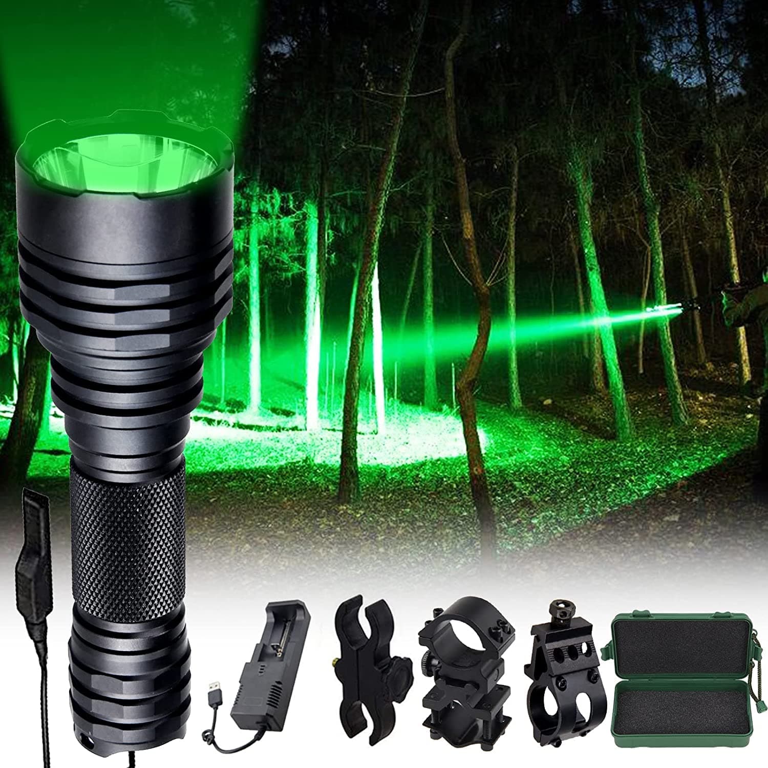 Green Hunting Light Tactical Flashlight 1200 Lumen 500 Yards LED Rechargeable Night Vision Spotlight with Pressure Switch Picatinny Rail Mount, Waterproof Predator Flashlights Kit for Hog Fox