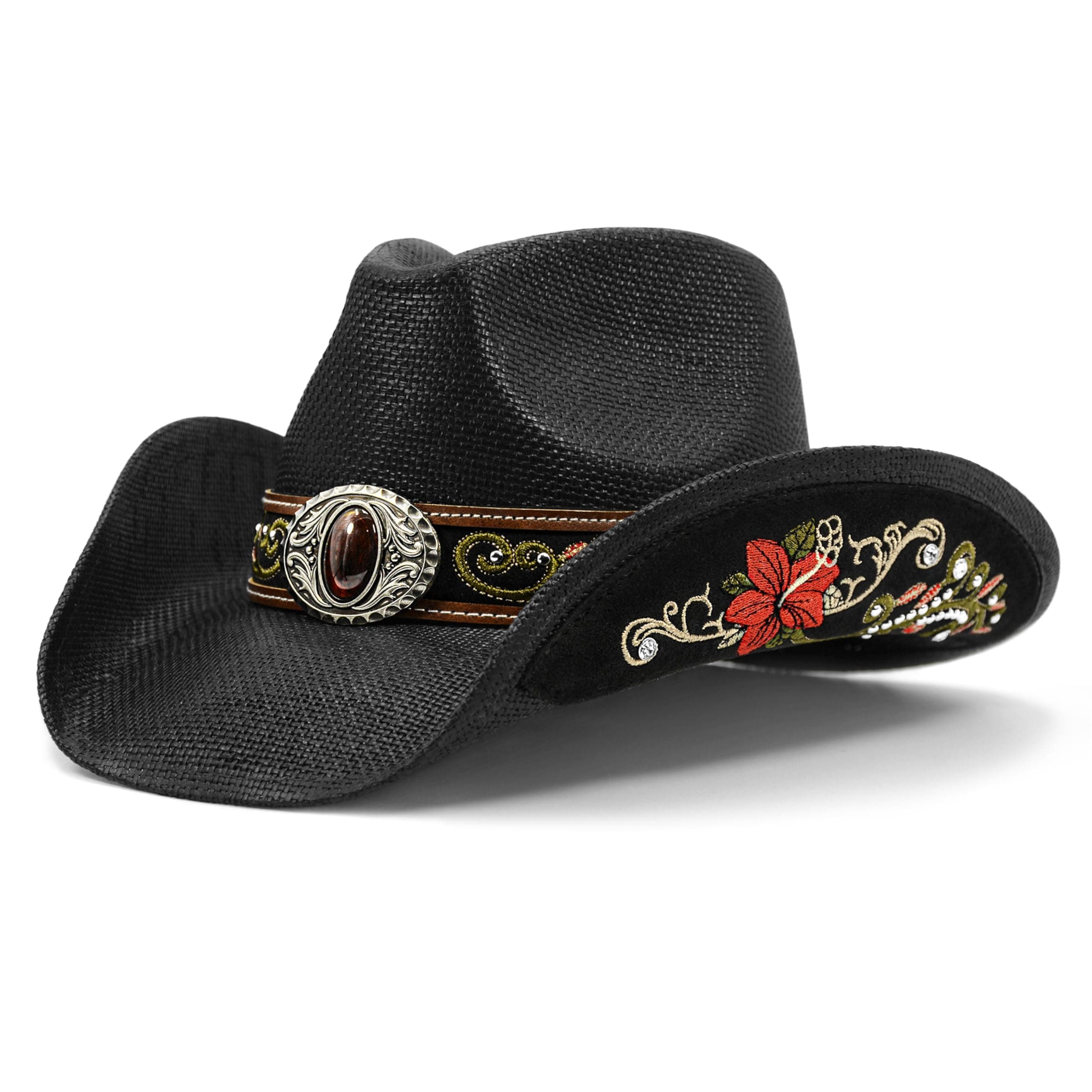 Azonee Cowboy Hats for Women and Men Straw Western Hat Embroidered Cowboy Hat for Cowboys and Cowgirls Western Felt Cowboy Hat for Men, Shapeable Wide Brim Classic Cowgirl Hat
