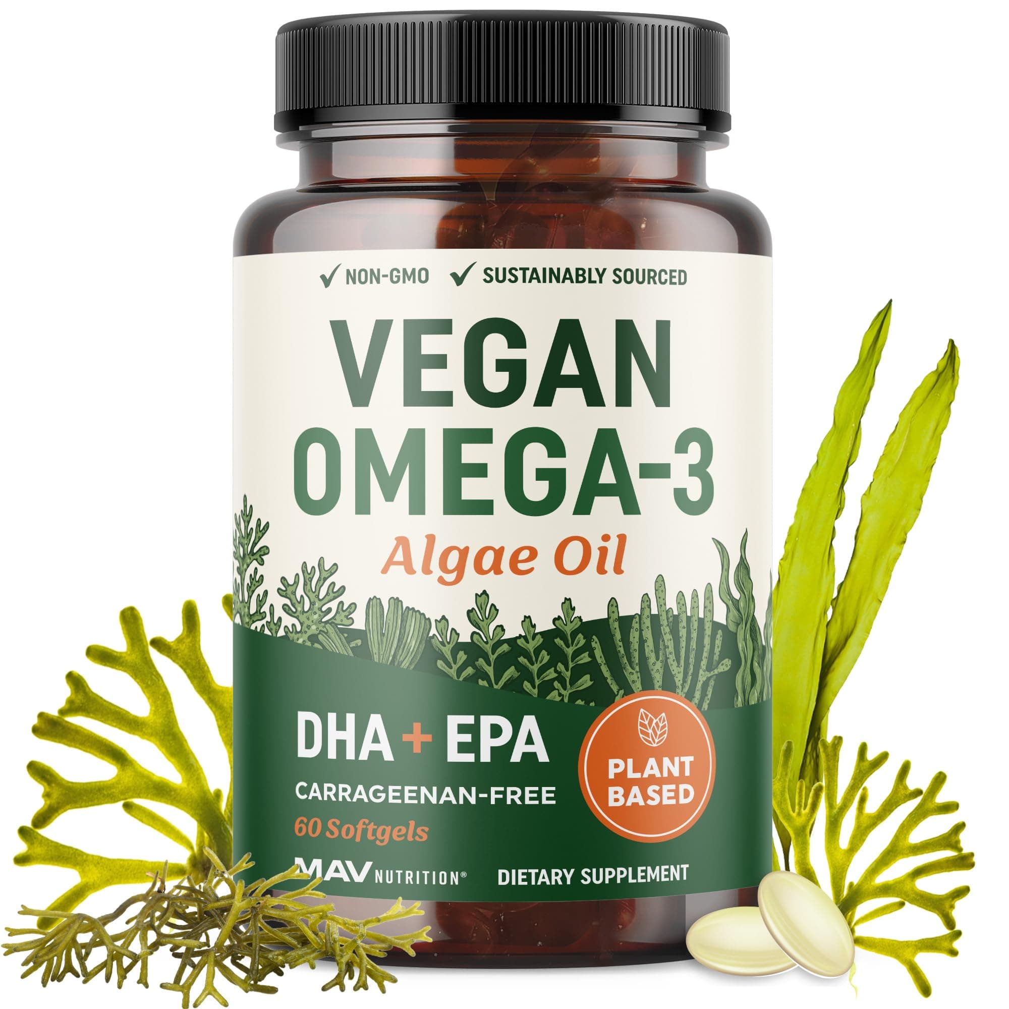 Vegan Omega 3 Algae Oil | Plant Based DHA EPA | Sustainably Sourced, No Carrageenan, Non GMO | Heart, Brain, and Eye Health | Fish Oil Alternative | Algae Omega 3 Supplement | 60 Softgel Capsules