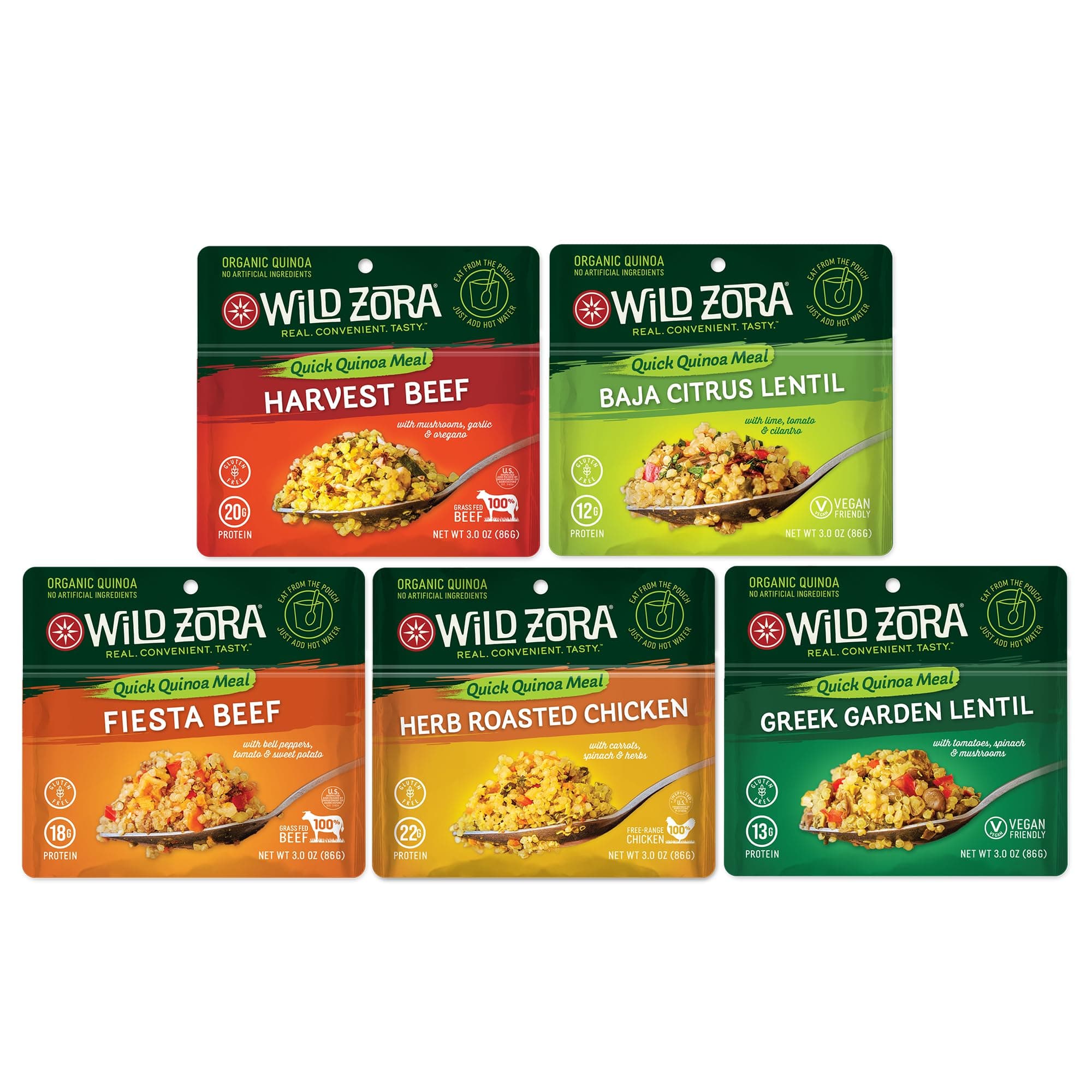 Wild Zora Organic Quinoa Bowls - Quick Prepared Meals, Instant Tasty Bowls, Pantry Staples Gluten-Free Meal with Lentils Plus 10g Olive Oil Packet - Variety (5-Pack)