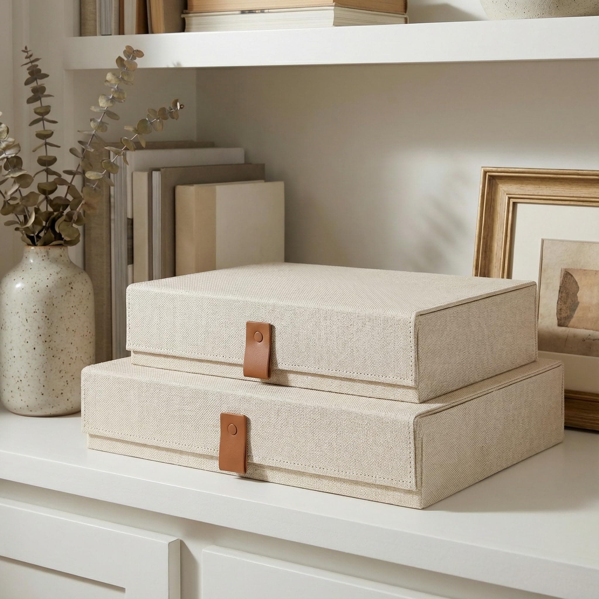 ZICOTO Decorative Photo Storage Boxes with Lids - Set of 2 Beautiful Linen Organizers Are Perfect to Safely Store Your Pictures, Documents, Scrapbooking Supplies, Keepsakes and Other Memories in Style