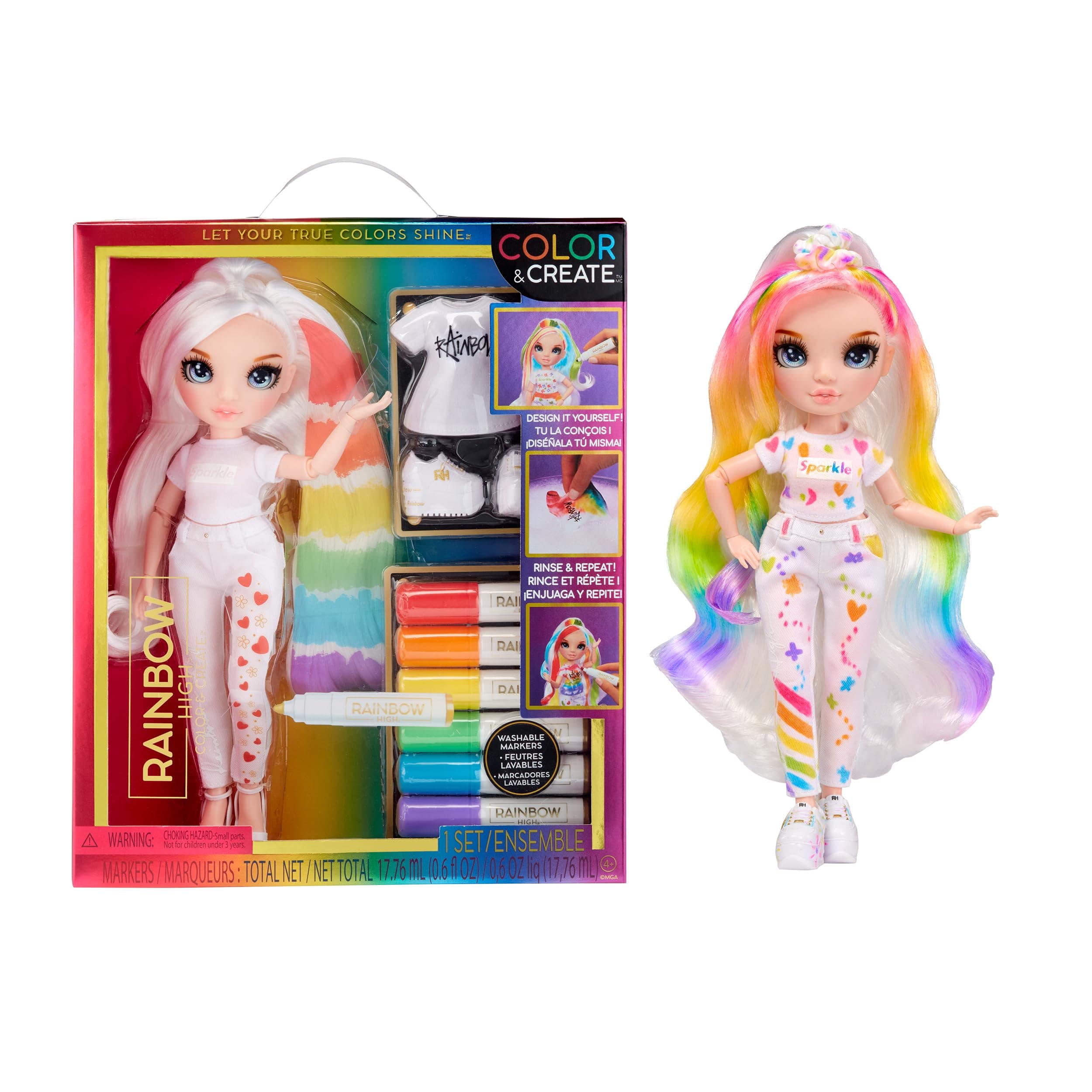 Colour & Create Fashion DIY Doll - Blue Eyes, Straight Hair, Bonus Top & Shoes, and Washable Rainbow Markers - Colour, Create, Play, Rinse, Repeat - For Kids 4-12 Years Old & Collectors