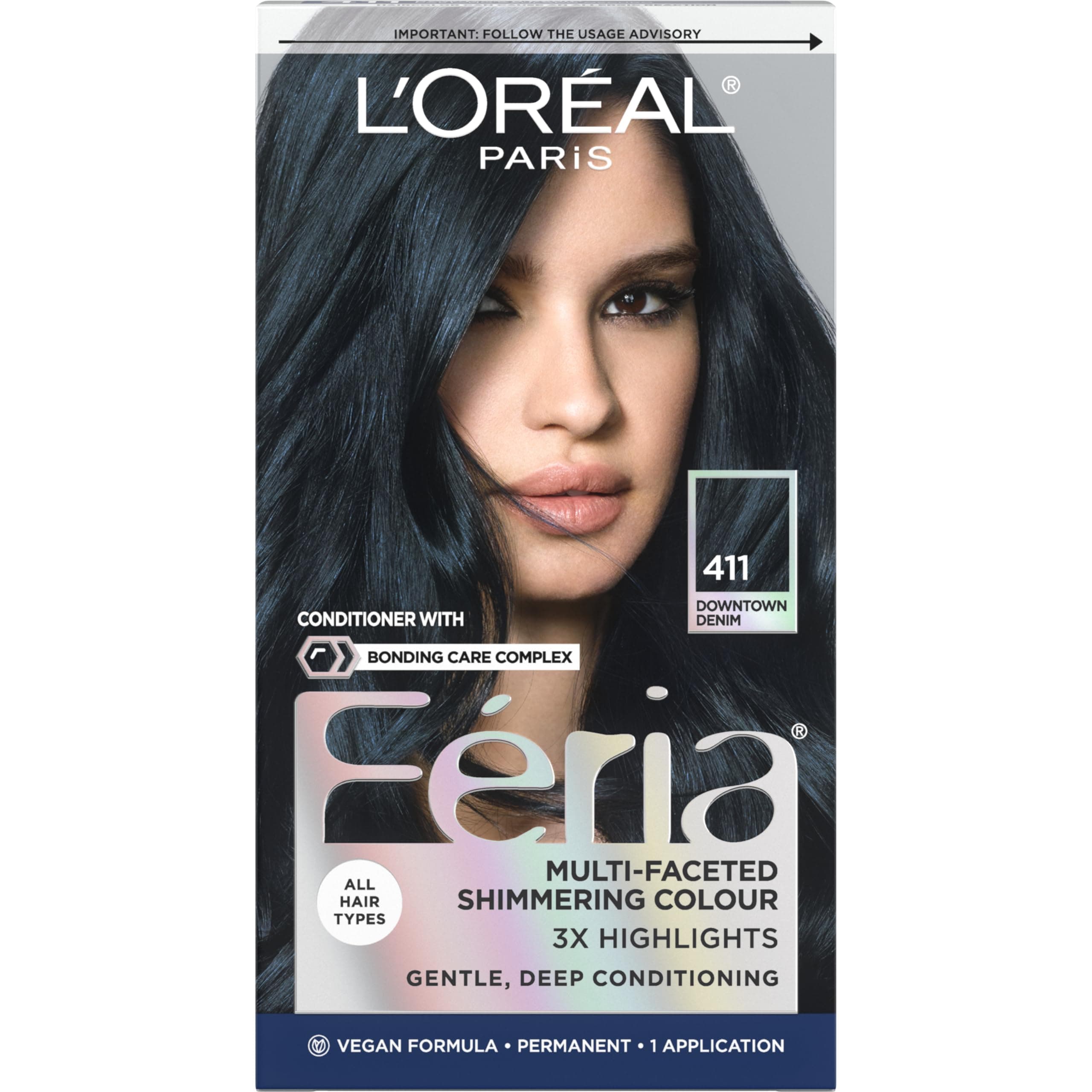 L’Oréal Paris L'Oreal Feria Multi-Faceted Shimmering Permanent Hair Color, 411 Downtown Denim, Pack of 1 Hair Dye Kit