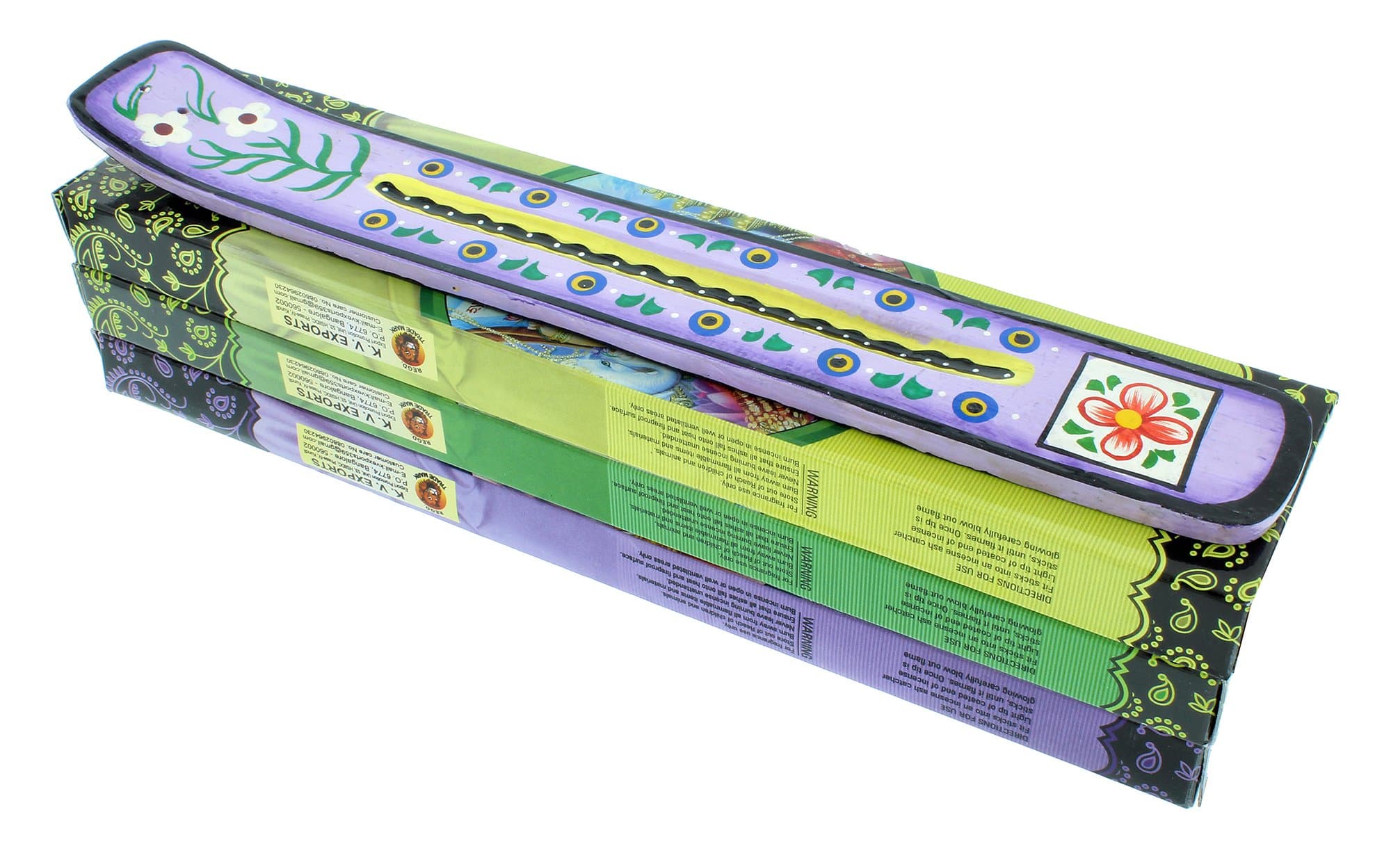 Zen Mood Incense Gift Pack - 3 Boxes of Assorted Indian God Incense and 1 Hand Painted Incense Holder with Flower Design - Purple