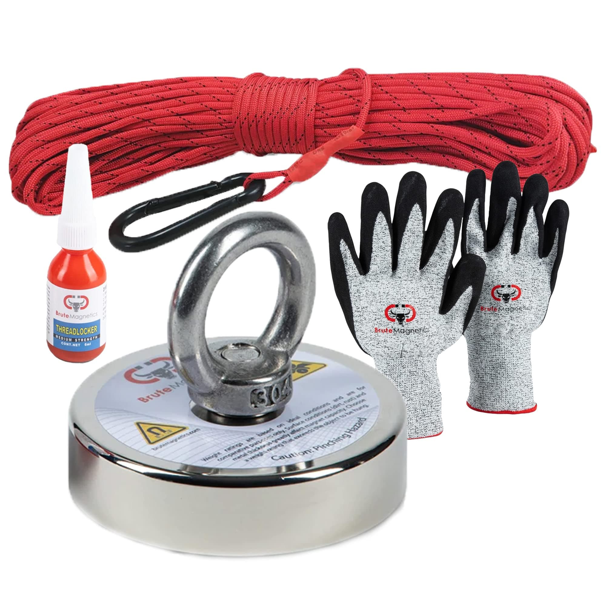 Brute Magnetics 425 lb Junior Magnet Fishing Bundle | Includes Single Sided Rare Earth Neodymium Magnet, 100ft Nylon Paracord, Heavy Duty Carabiner, Gloves, and Threadlocker