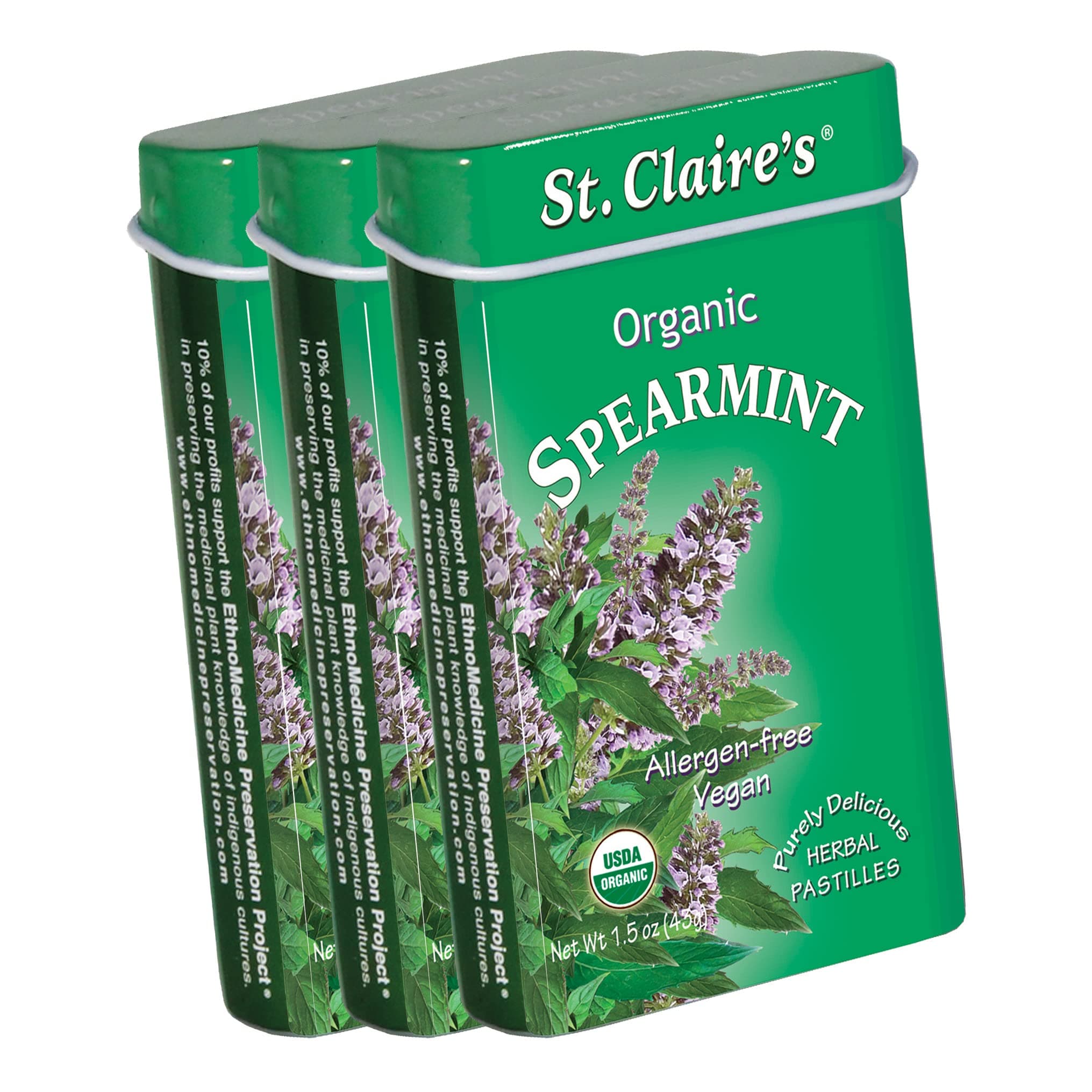 St. Claire's Organic Breath Mints, (Spearmint, 1.5 Ounce Tin, Bundle of 3) | Gluten-Free, Vegan, GMO-Free, Plant-based, Allergen-Free | Made in our Allergen-Free facilityUSDA Organic