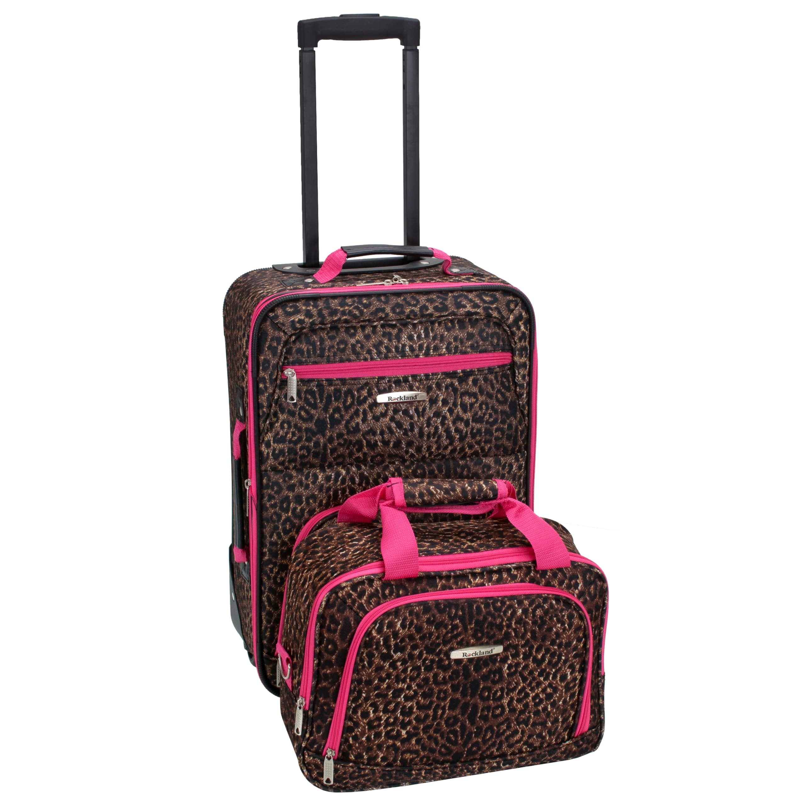 Fashion Softside Upright Luggage Set, Expandable,Lightweight,Telescopic Handle,Wheel, Pink Leopard, 2-Piece (14/19)