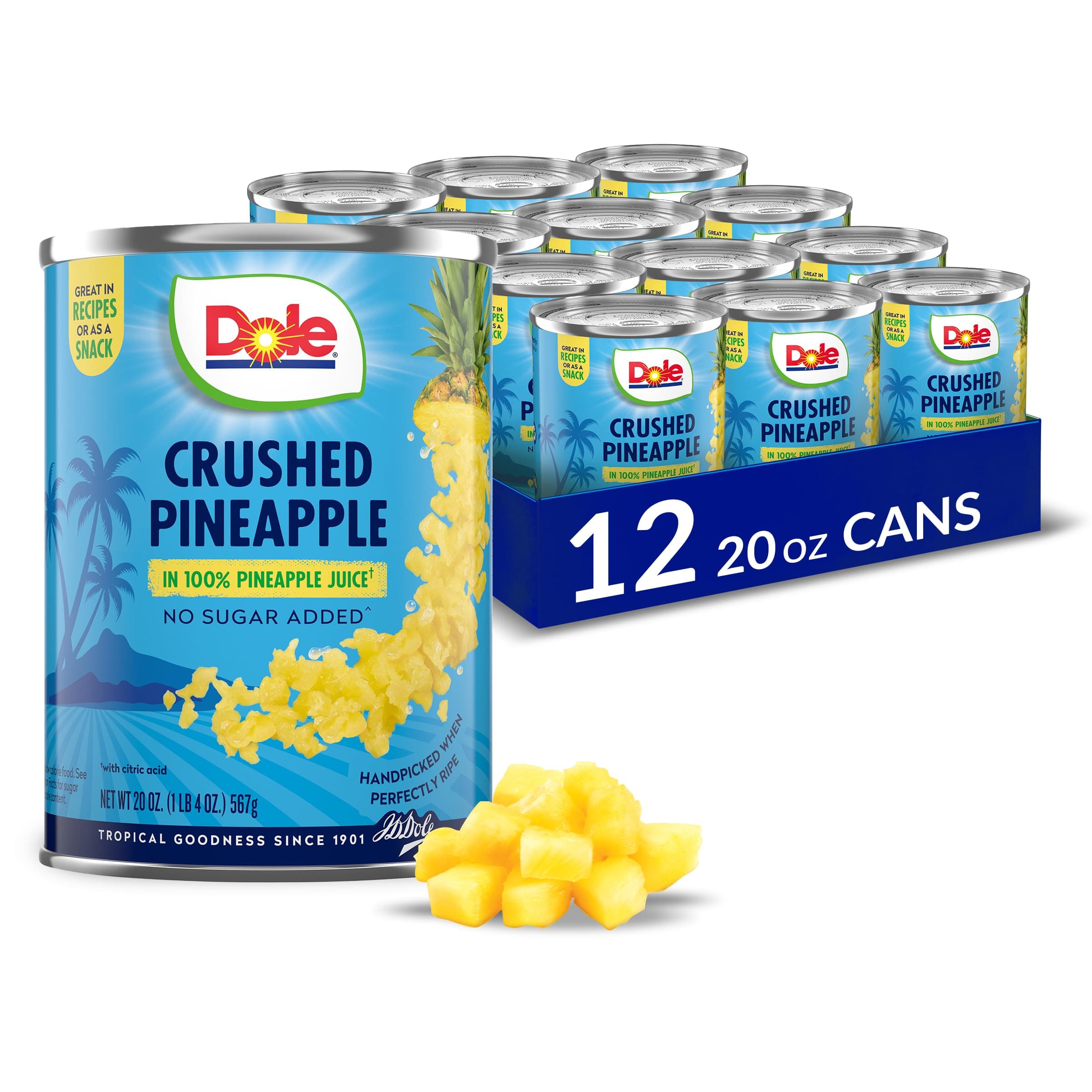 Dole Canned Fruit, Crushed Pineapple in 100% Pineapple Juice, Gluten Free, Pantry Staples, 20 Oz, 12 count, Packaging May Vay