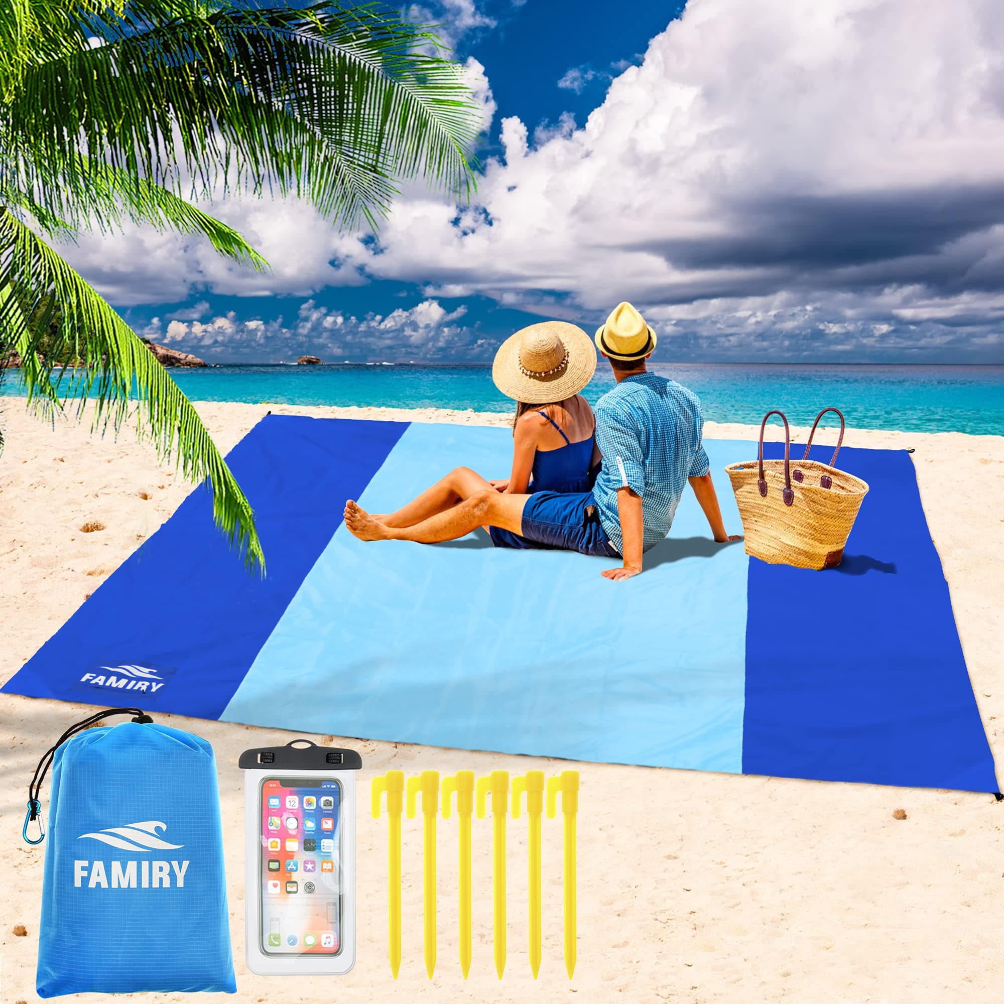 Famiry Sand Free Beach Blanket, Extra Large 10 x 9 Feet Size, Robust & Compact Beach Outdoor Mat, Includes 6 Stakes, 4 Sand Pockets & Zippered Pocket - Blue
