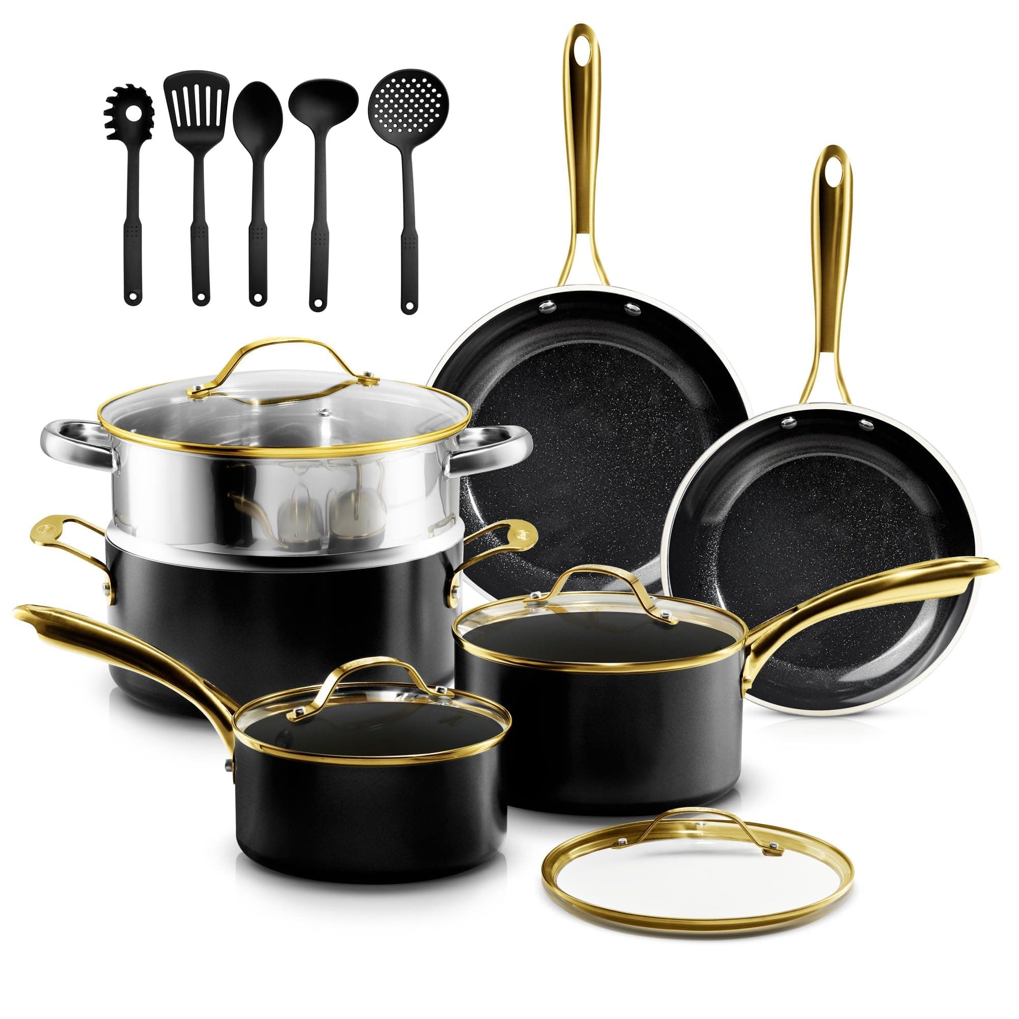 15 Pc Ceramic Cookware Set Nonstick, Ceramic Pots and Pans Set Non Stick with Steamer & Cooking Utensils, Non Toxic PFOA PFOS Free, Premium Stay Cool Handles, Oven & Dishwasher Safe