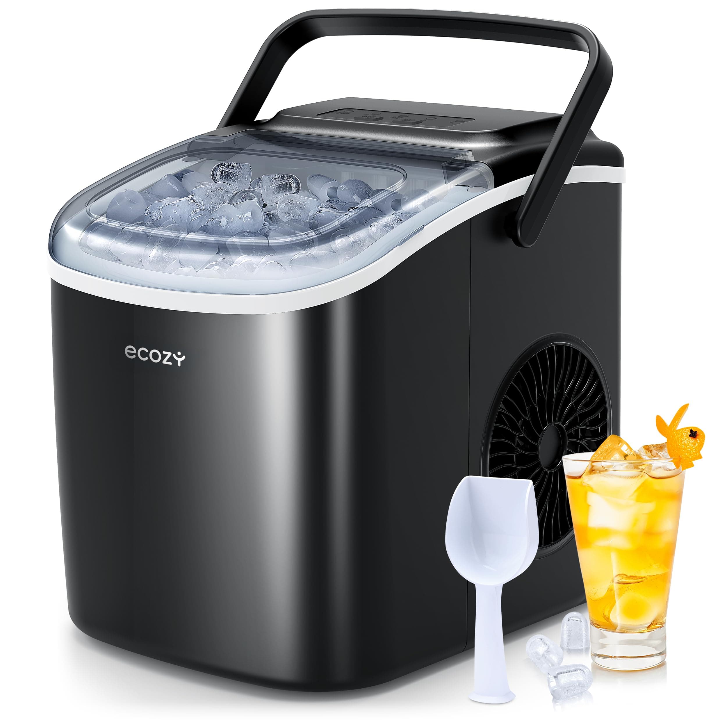 – ecozy Portable Countertop Ice Maker - 9 Ice Cubes in 6 Minutes, 12kg Daily Output, Self-Cleaning with Ice Bags, Scoop, and Basket for Kitchen, Office, Bar, Party - Black