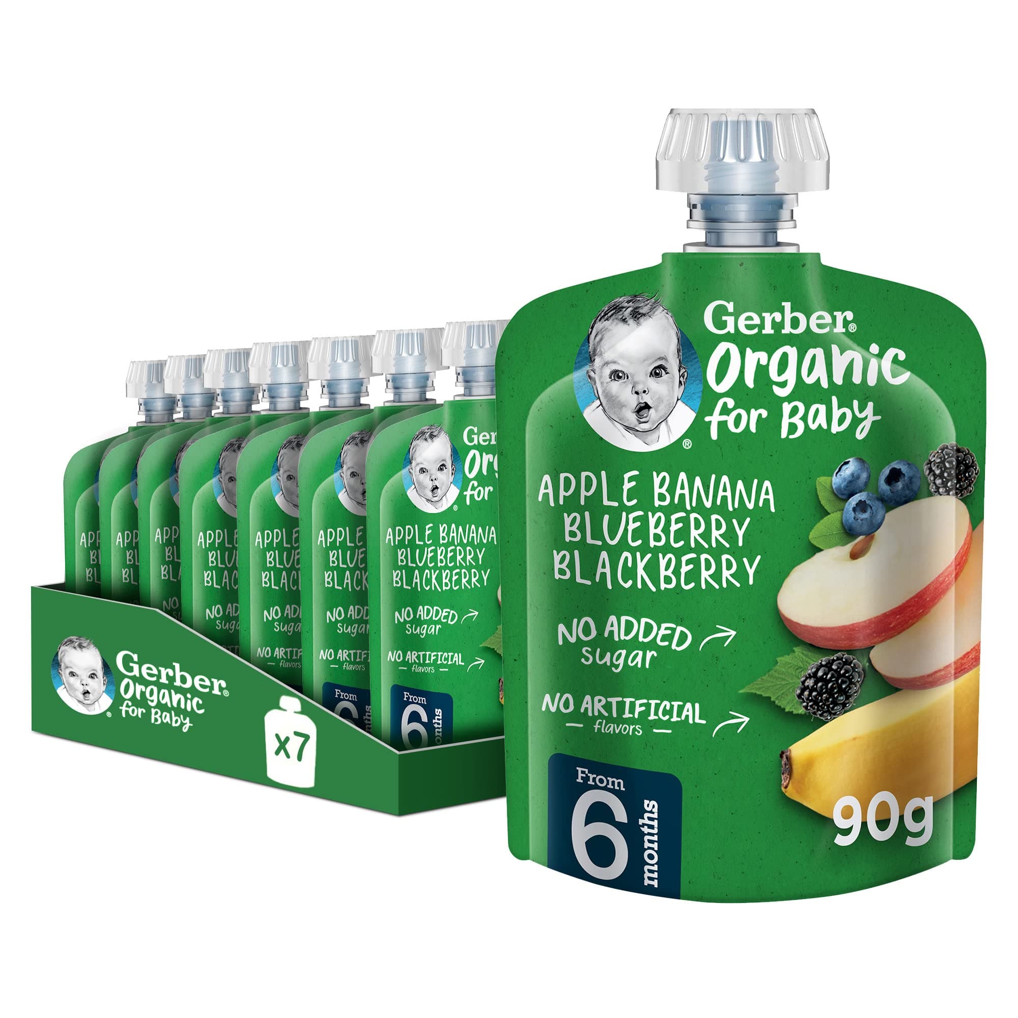 Nestle Gerber Organic Puree, Apple, Banana, Blueberry & Blackberry, From 6 Months, Baby Food, Pouch, 90g (6 Pouches)
