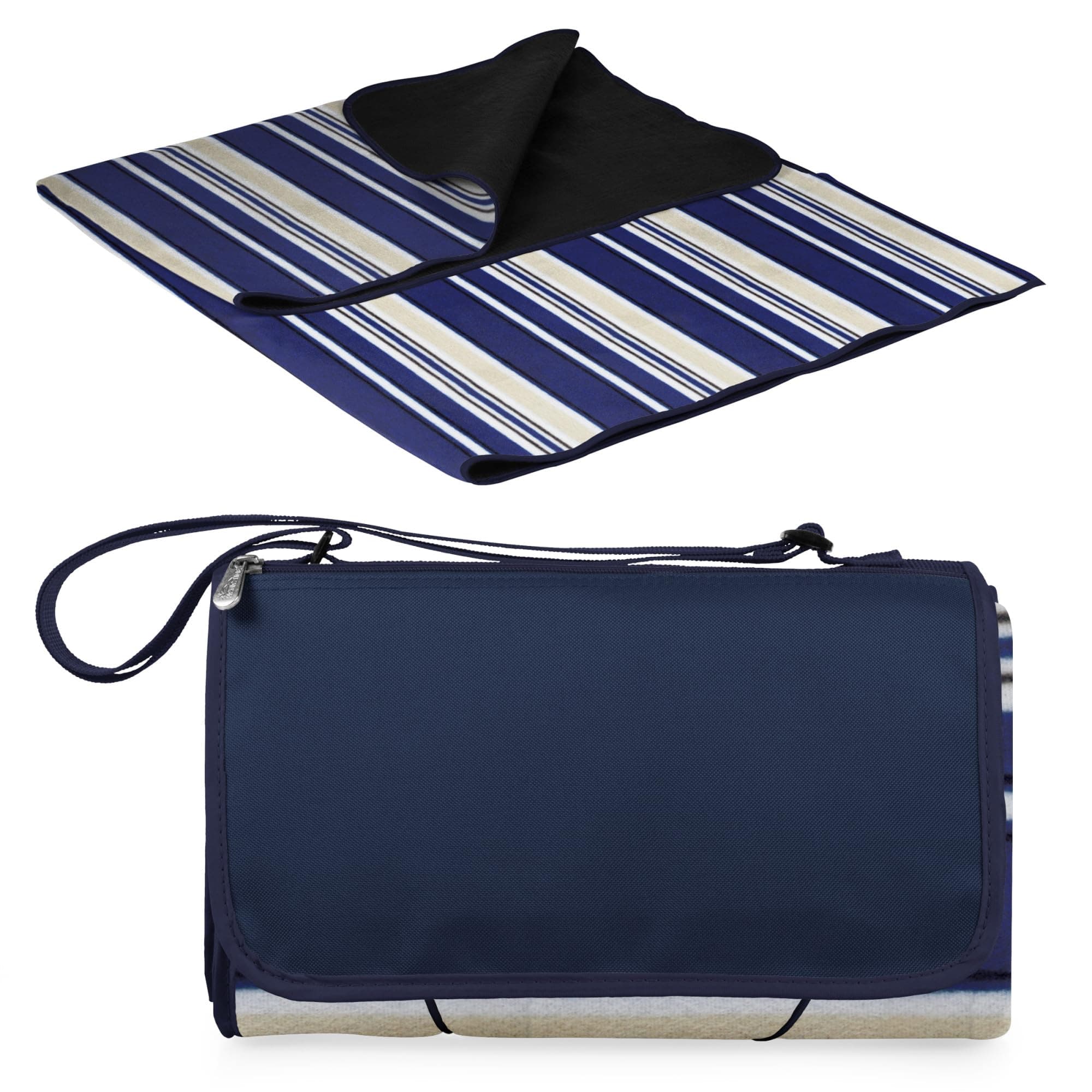 ONIVA - a Picnic Time brand Outdoor Picnic Beach Camping Blanket, X-Large, Blue Stripe Pattern with Navy Flap