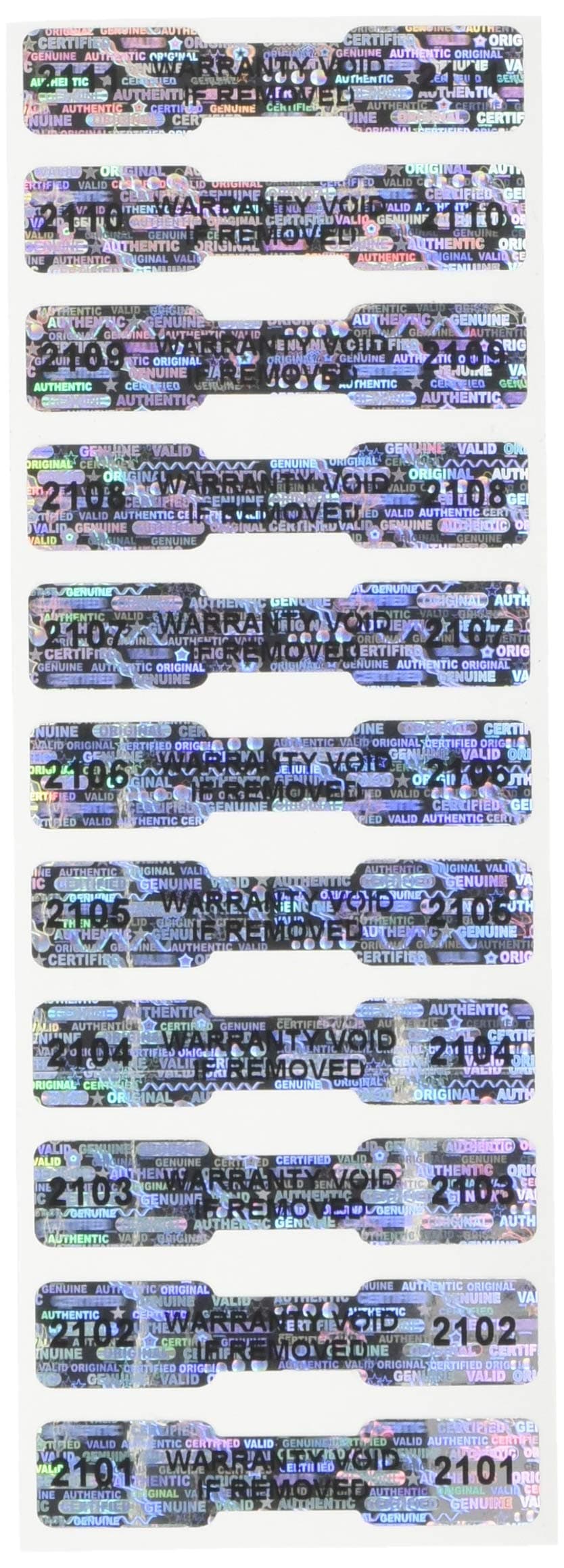 100 High Security Tamper Evident Warranty Void Dogbone Hologram Labels/Stickers w/ Unique Sequential Serial Numbering and Bar Code