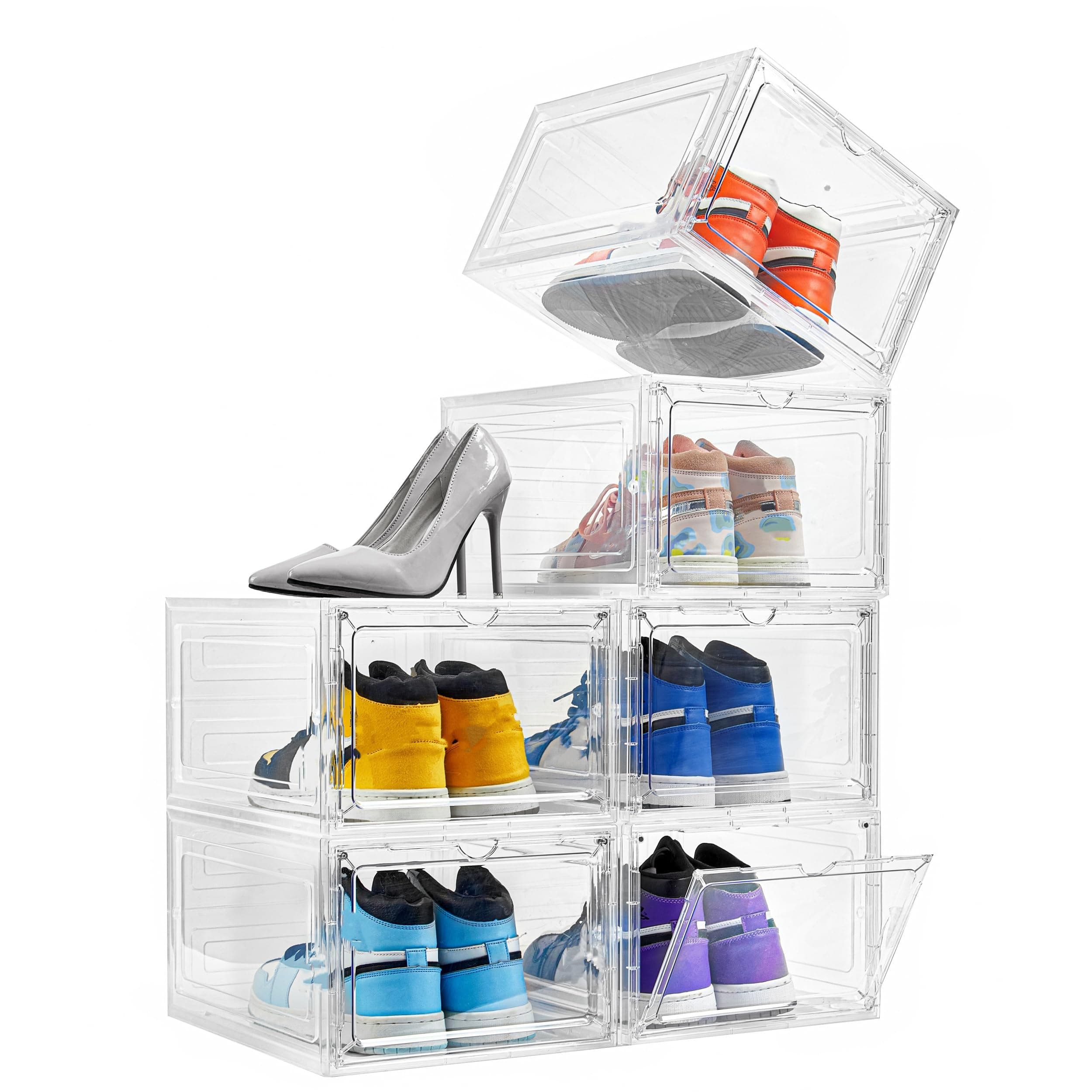 Attelite Shoe Box Organizer,Set of 6,Stackable Plastic Shoe Box with Clear Door, Shoe Storage Box Containers,For Display Sneakers,Easy Assembly,Fit up to US Size 12(13.4”x 10.6”x 7.4”)