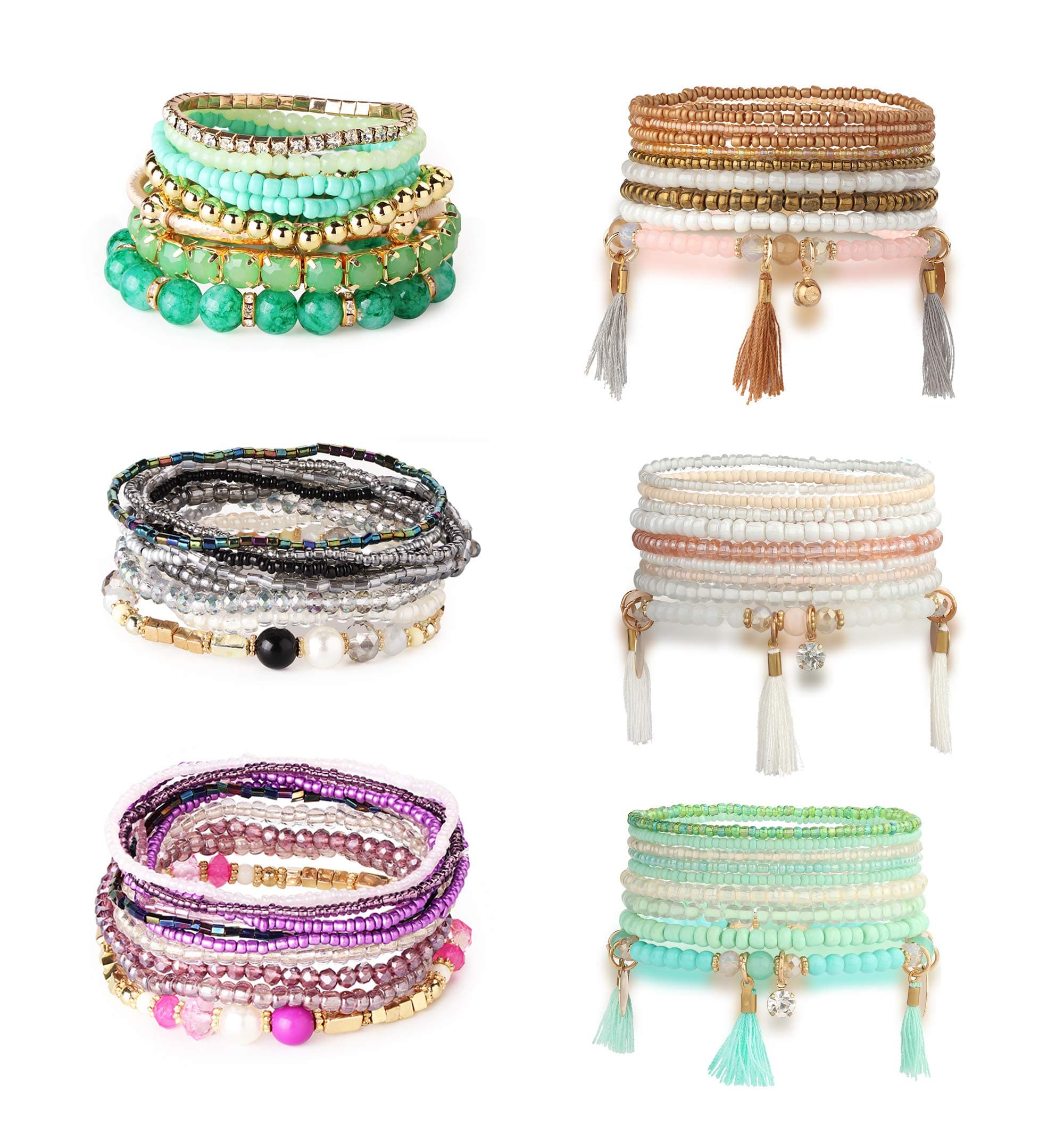 Hanpabum 6 Sets Bohemian Beaded Bracelets for Women Girls Multicolor Stretch Multilayered Stackable Bracelet Set