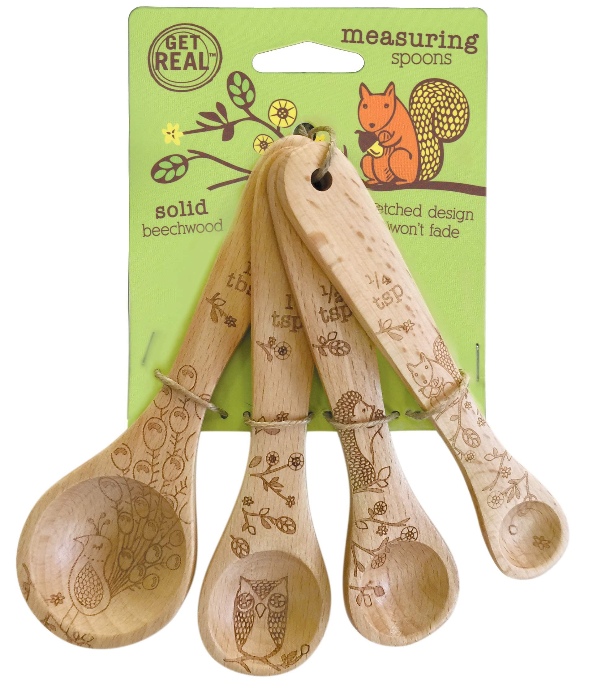 Talisman Designs Laser Etched Beechwood | Set of 4 | Woodland Design | Natural, Wooden Measuring Spoons Set| Cute & Functional Kitchen Tools