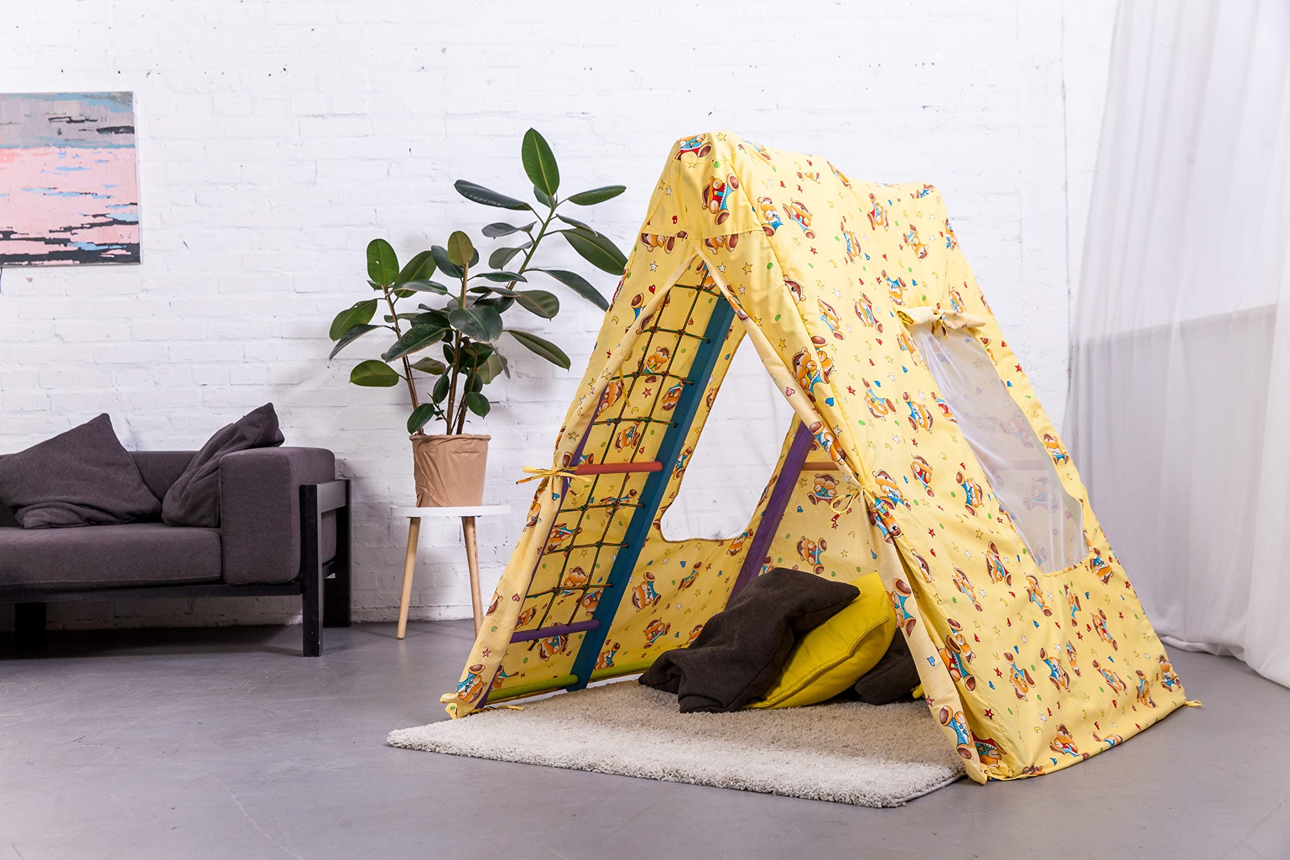 EZPLAY Foldable Teepee Play Tent for Kids: 100% Natural Cotton Playhouse for Indoor (Yellow), Panda Playset As A Frame.
