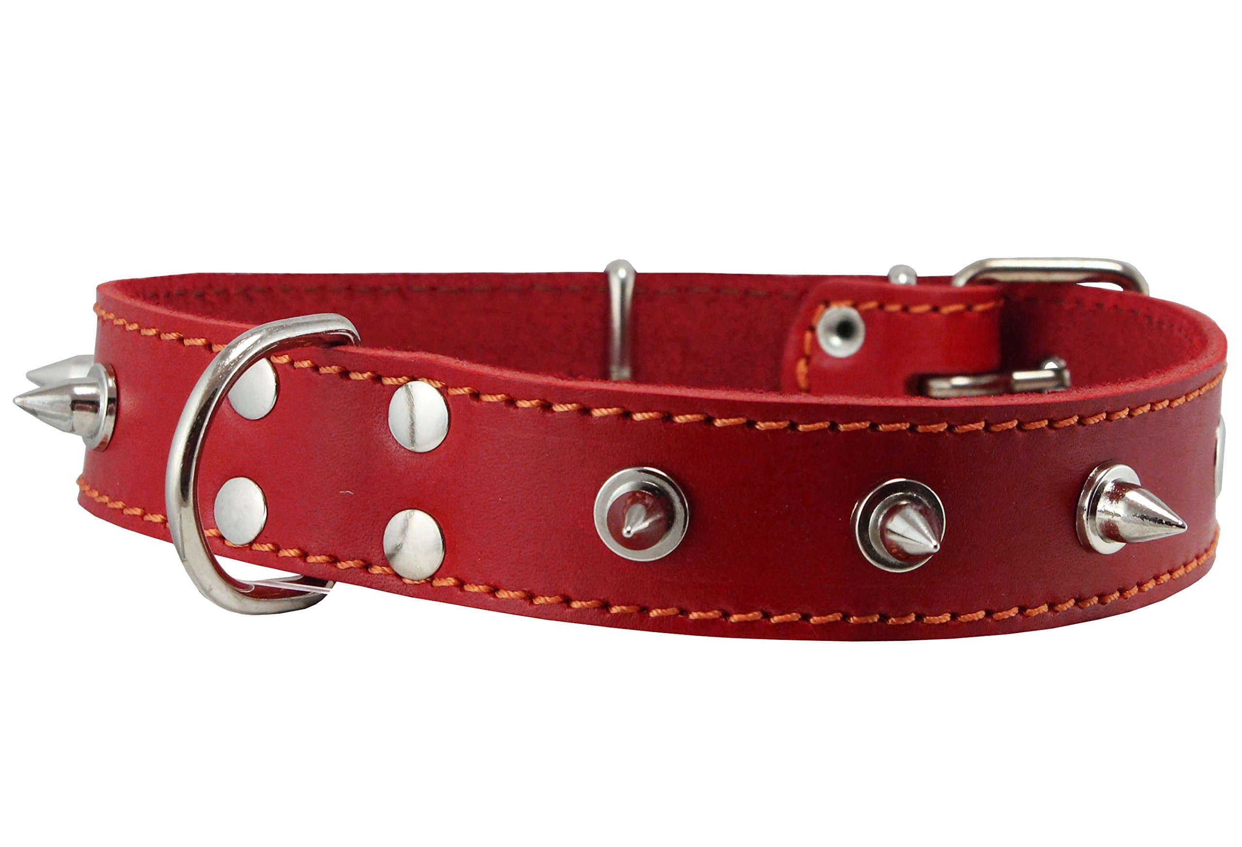 Real Leather Red Spiked Dog Collar Spikes, 1.25" Wide. Fits 15.5"-20" Neck, Medium Breeds