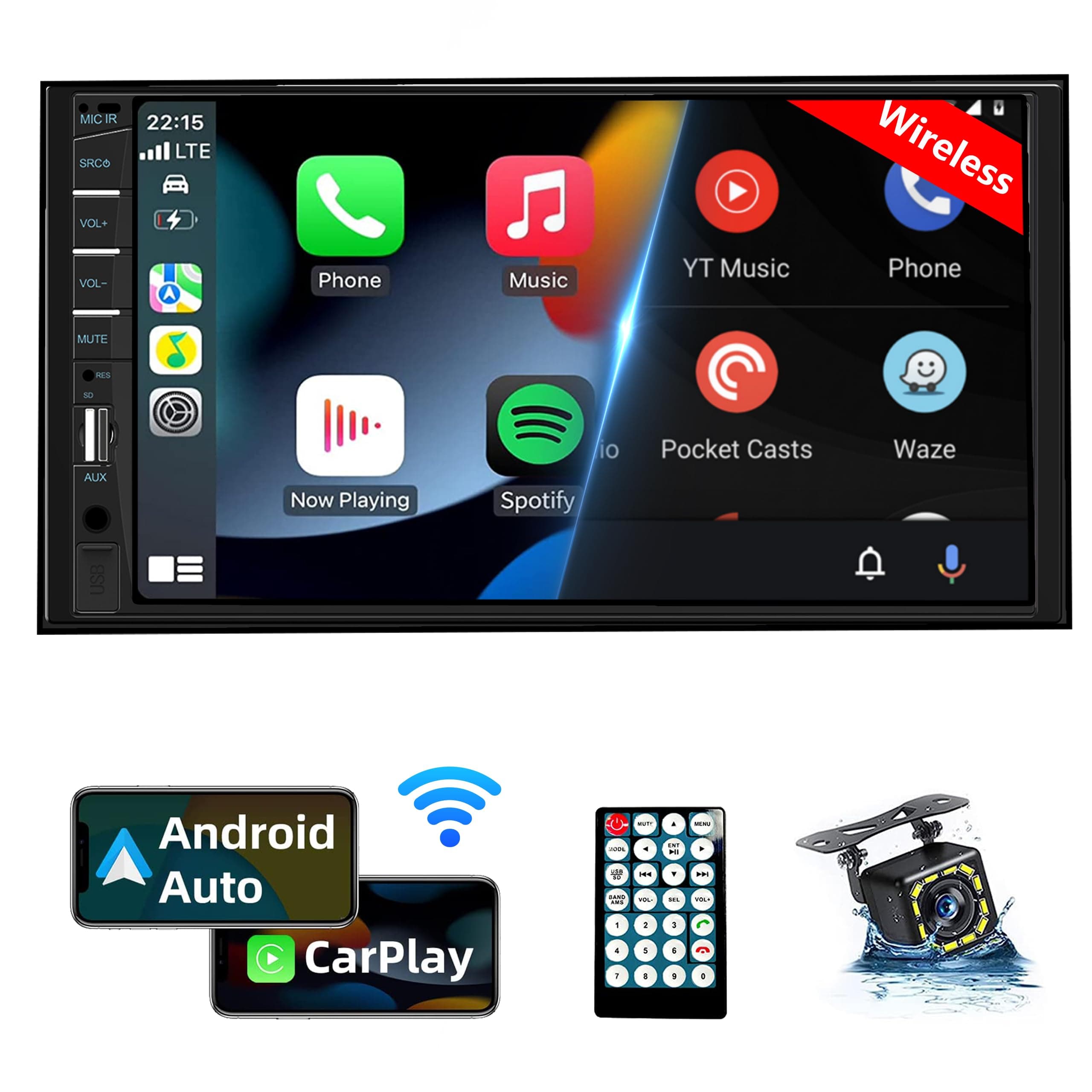 Naifay Double Din Car Stereo with Wireless Apple Carplay Android Auto, 7inch Touchscreen Car Radio with Bluetooth, Car Audio Receivers, Backup Camera, Mirrorlink, FM, SWC, GPS, USB/AUX/TF/Subwoofer