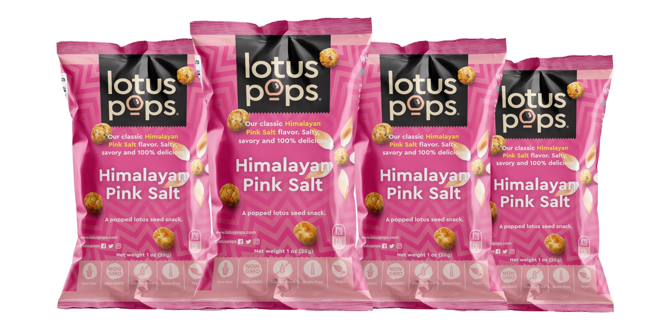 Lotus Pops - Popped Lotus (Water Lily) Seed Snacks | Low Calorie Gluten Free and Vegan Snacks | Plant Protein | Roasted Not-Fried | Paleo | Grain Free | Non GMO Certified | (Himalayan Pink Salt 4 1oz Packs)