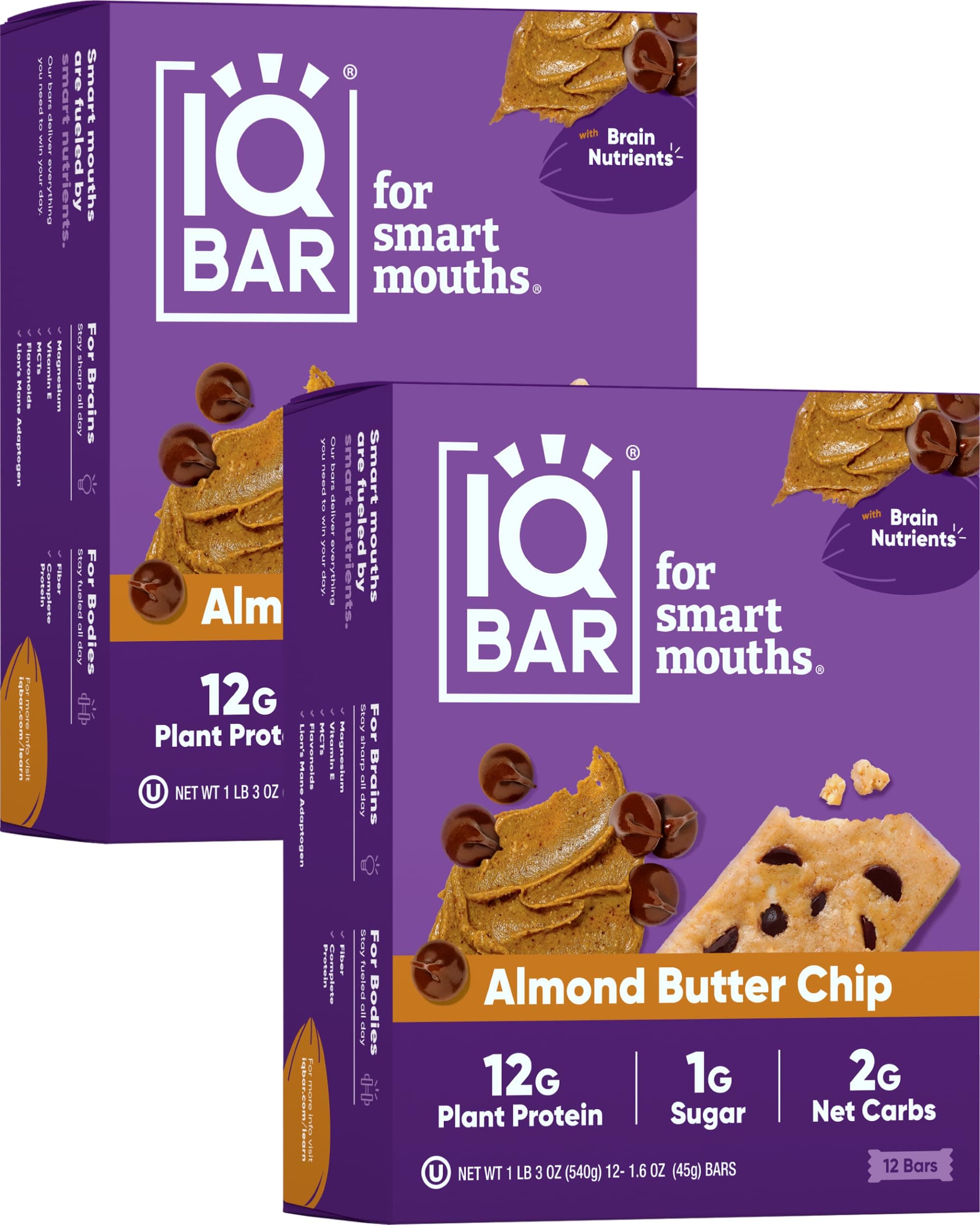 IQBAR Brain and Body Keto Protein Bars - Almond Butter Chip Keto Bars - 24-Count Energy Bars - Low Carb Protein Bars - High Fiber Vegan Bars and Low Sugar Meal Replacement Bars - Vegan Snacks