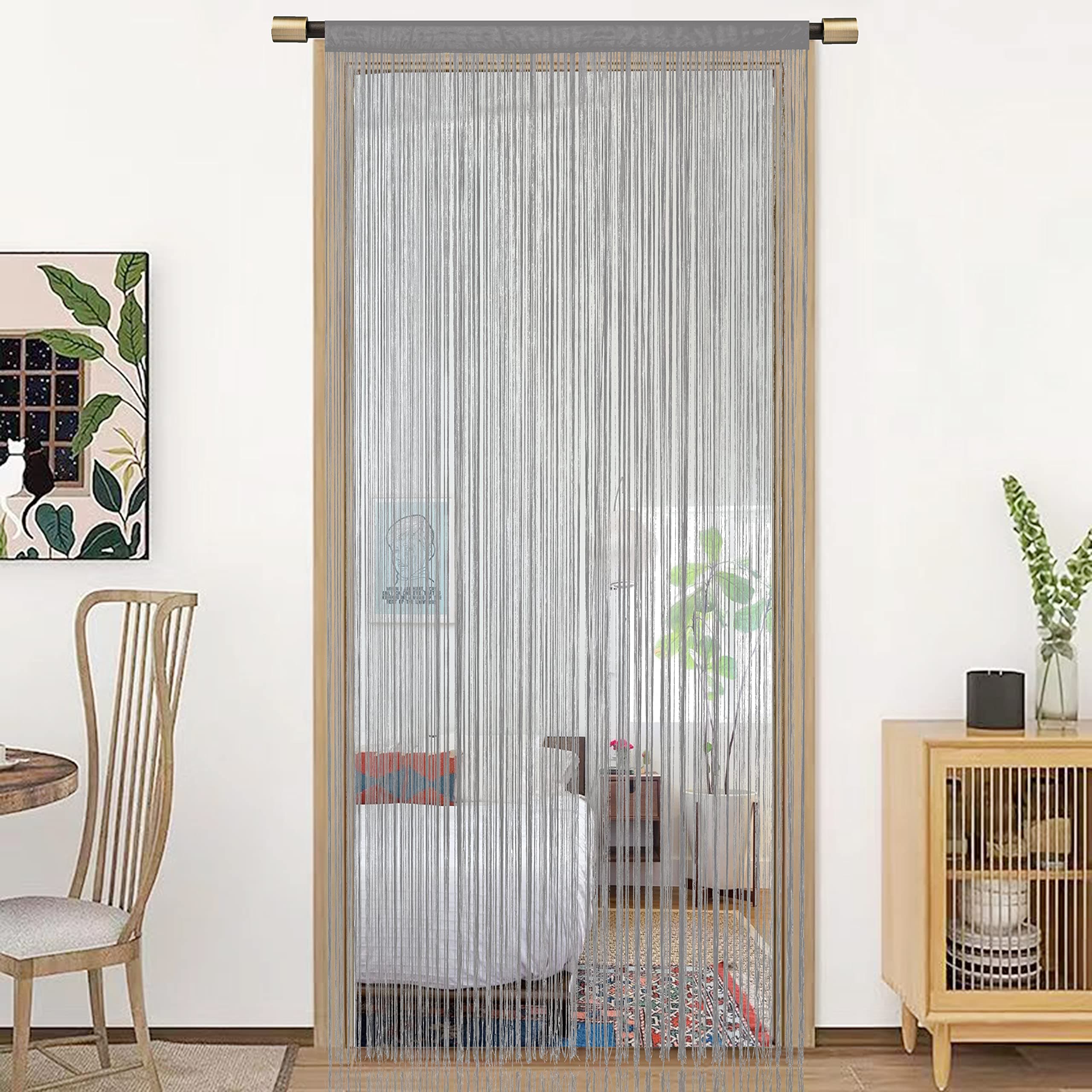 Spaghetti String Curtains for Doorways Privacy Door Frame Tassel Hippy Wall Kitchen Hallway Boho Fringe Curtain Hanging Door Room Dividers Decor 1 Panel(39×110in/100×280cm,Grey)