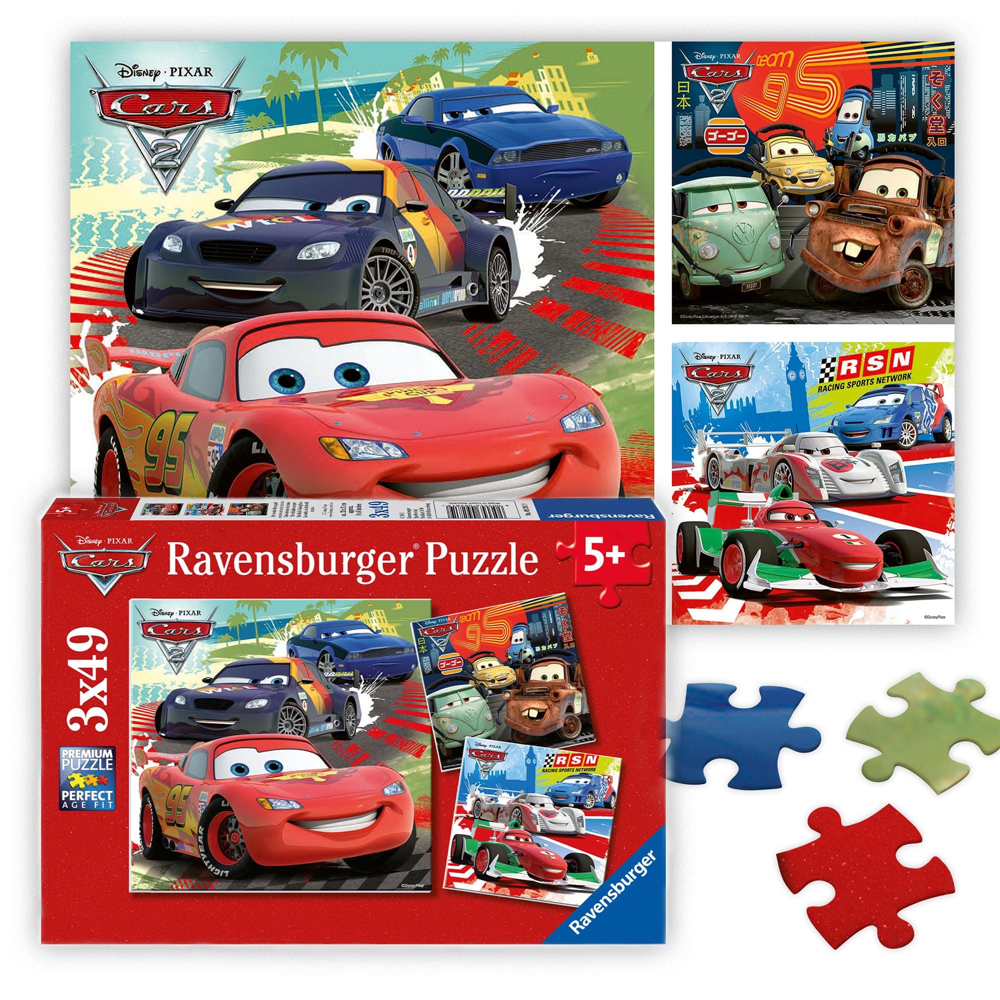 Kinderpuzzle - 09281 Weltweiter Rennspaß - Puzzle für Kinder ab 5 Jahren, Disney Cars Puzzle mit 3x49 Teilen