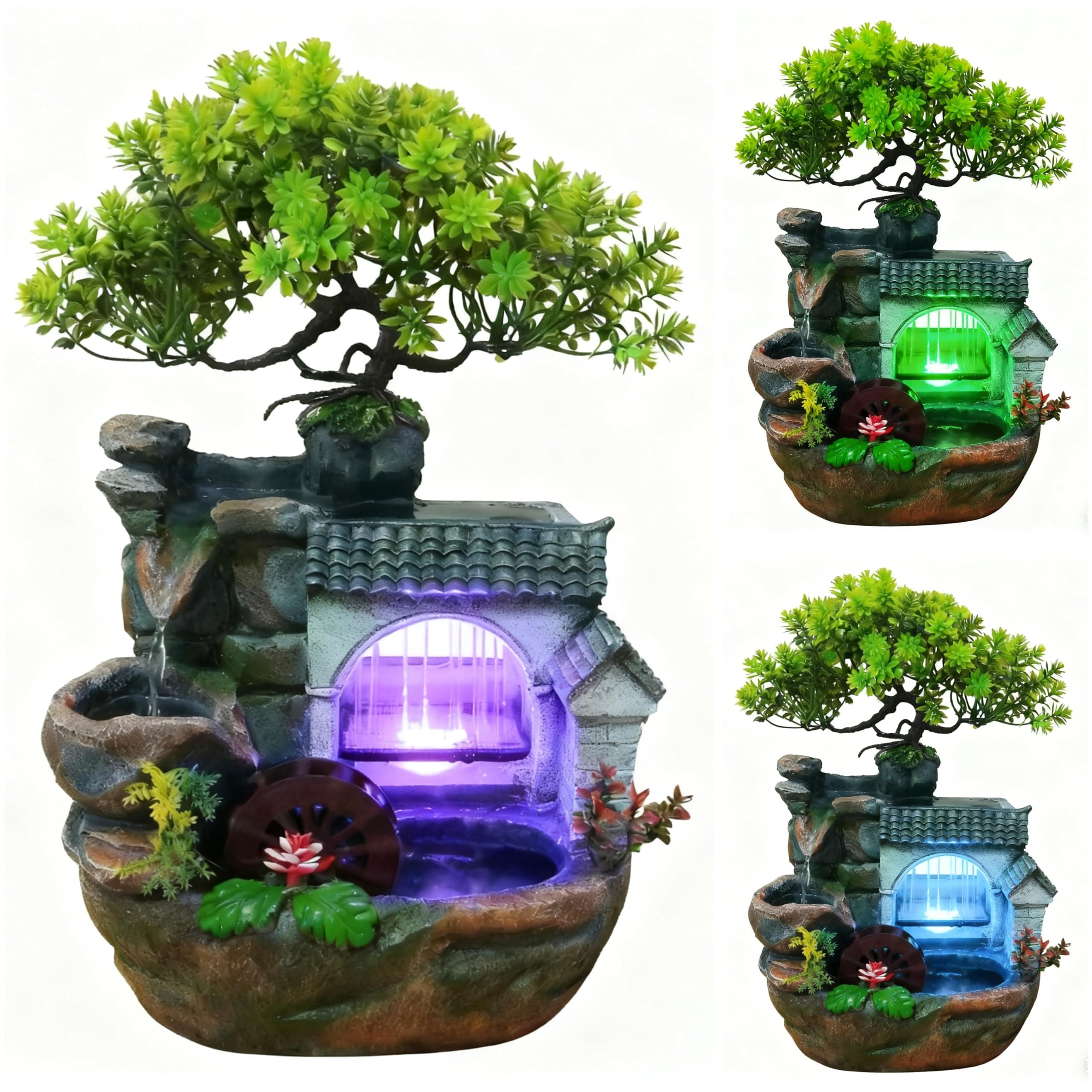 11" Desktop Fountain Rock Waterfall Humidifier with Artificial Tree &LED Light, Tabletop Water Fountains Indoor Fake Plant Bonsai Tree Feng Shui Decoration for Aquariums Office Bedroom Home Décor