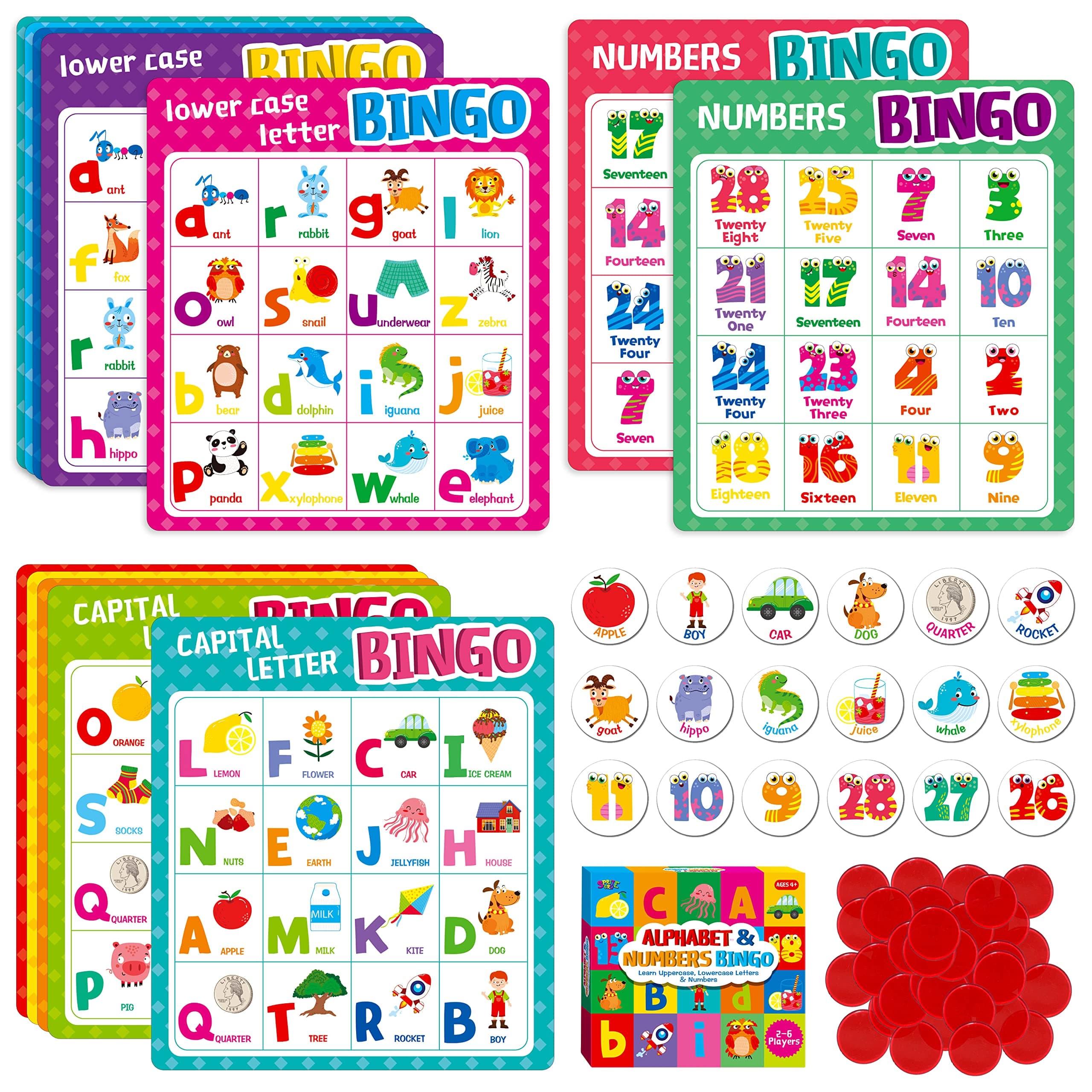 SpriteGru Alphabet Bingo Game, Uppercase/Lowercase/Number Bingo Game ABC and 123 Bingo Board Game for Kindergarten and Preschool Kids 4-8, Perfect for Classroom & At Home