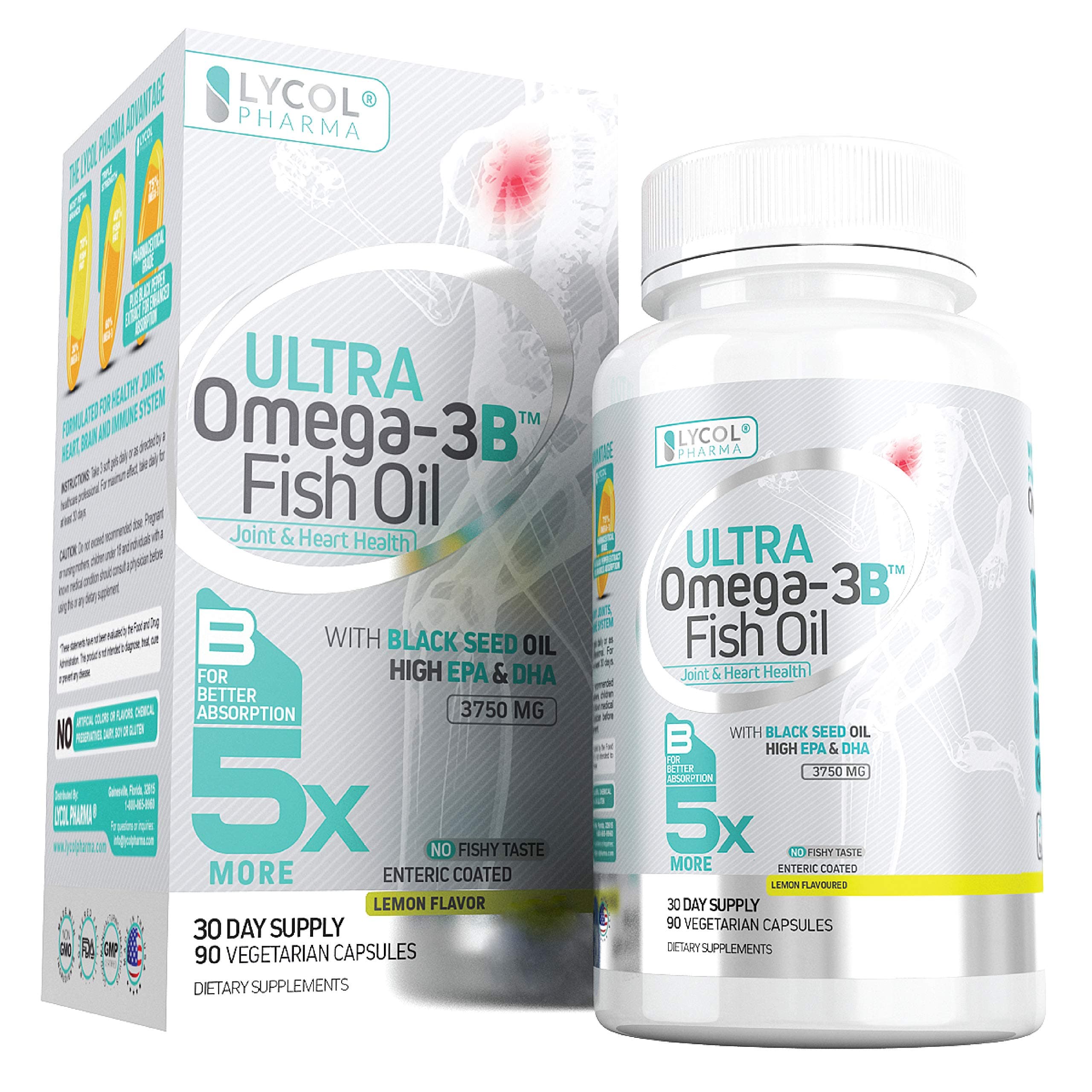 Lycol Pharma Ultra Omega-3B Fish Oil - Burp-Less 3750MG Formula - High EPA (1350MG) & DHA (900MG) with Black Seed Oil Extract - Enteric Coated for No Fishy Aftertaste