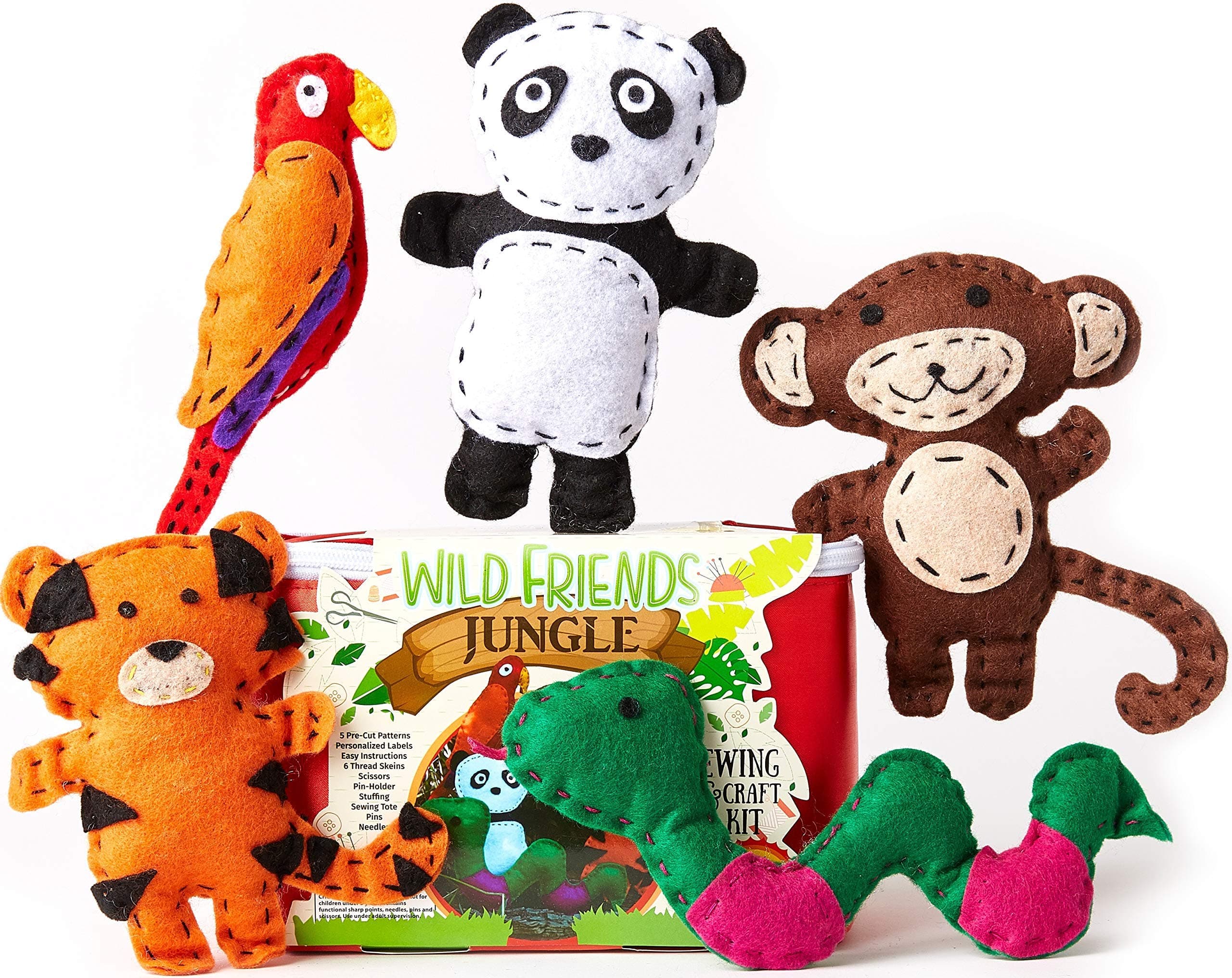 BRYTE Sewing Kit for Kids - Jungle Animals, Multicolor, 5 Precut Felt Animals, Ages 7+ - Easy-Sew for Beginners, DIY Kids Sewing Crafts & Needle