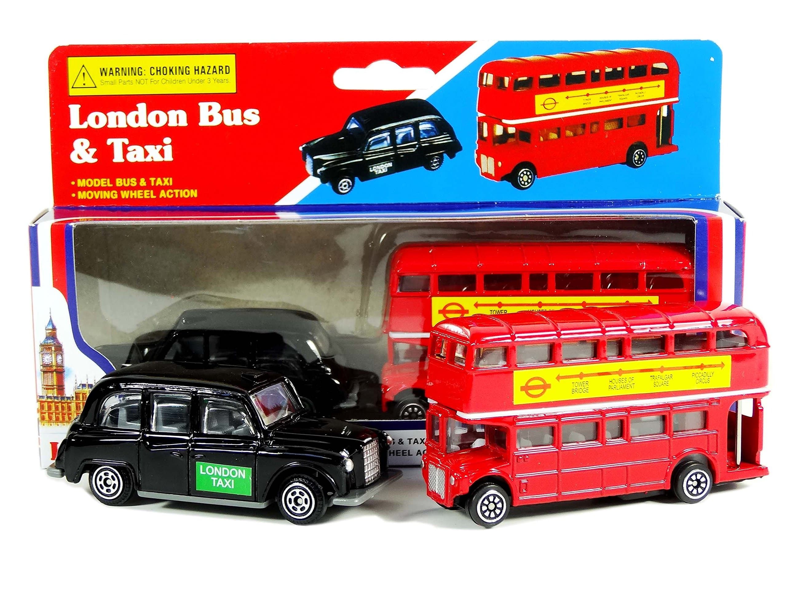 T.B Diecast Metal London Bus and London Taxi Set (Mini) Moving Wheel Action Red Routemaster Double Decker Black Cab