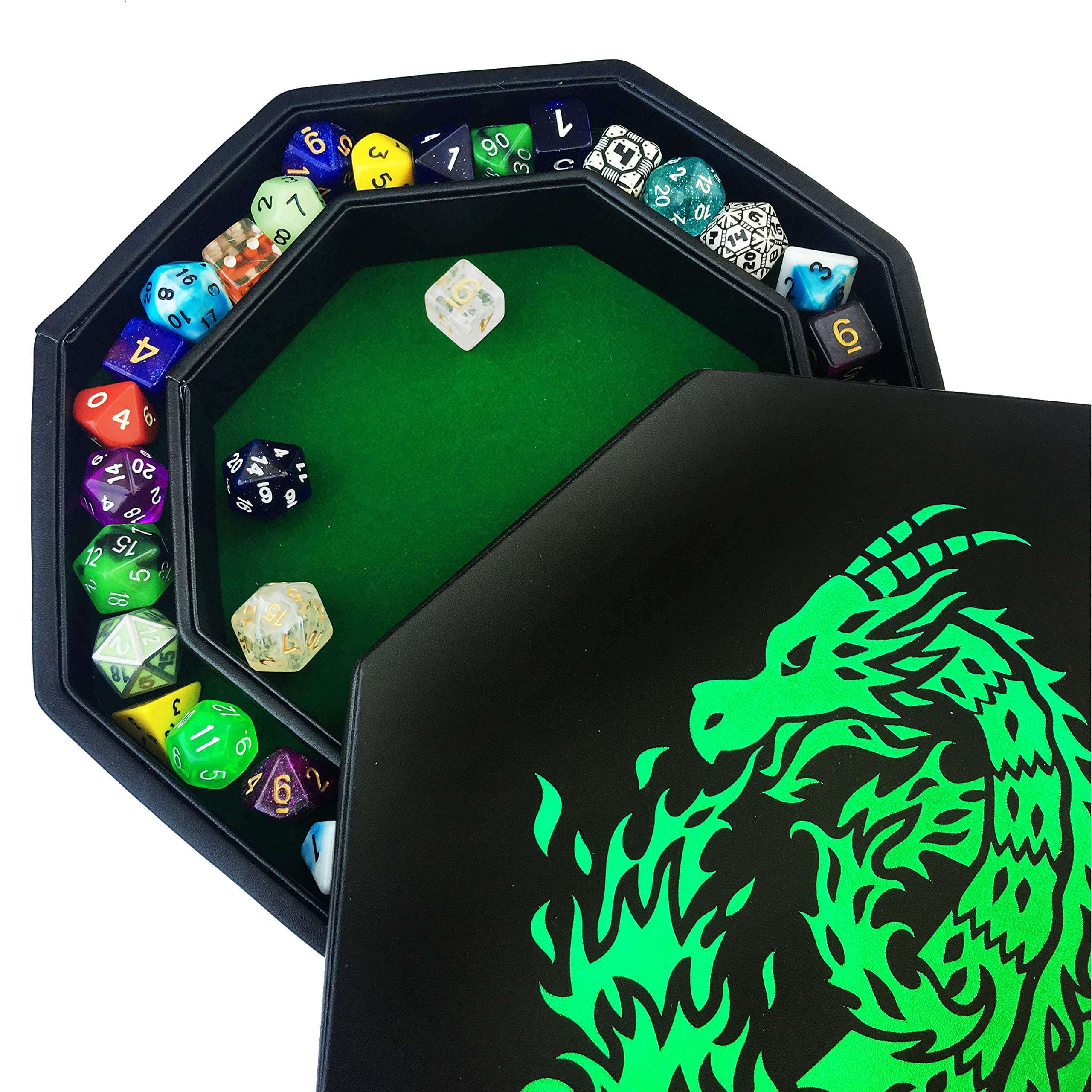Fantasydice - Green - Fire Dragon - Dice Tray - 8" Octagon with Lid and Dice Staging Area- Holds 5 Sets of Dice(7 / Standard) for All Tabletop RPGs Like D&D , Call of Cthulhu, Shadowrun.