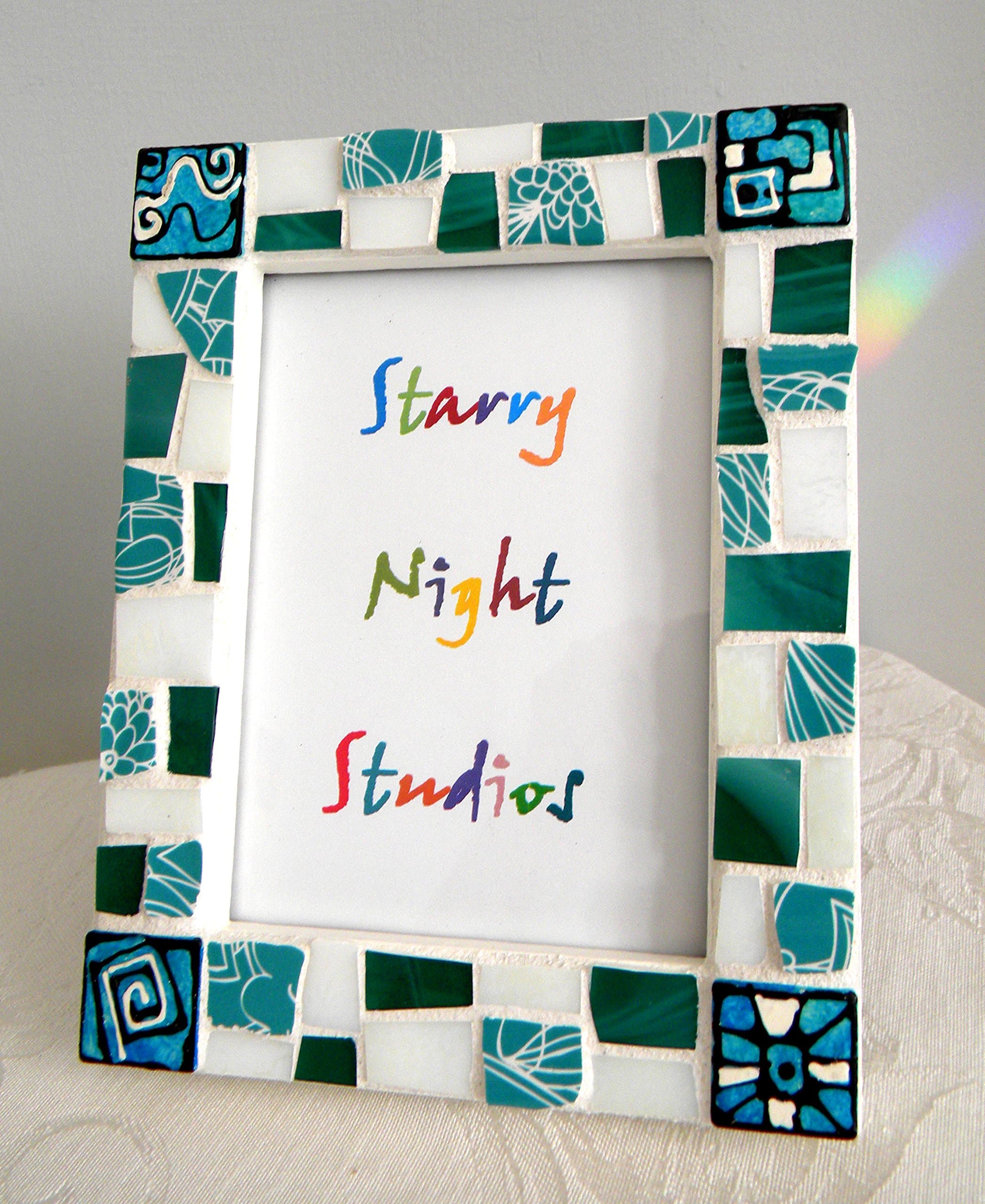 Mosaic Frame - Teal and Turquoise Stained Glass and Recycled China