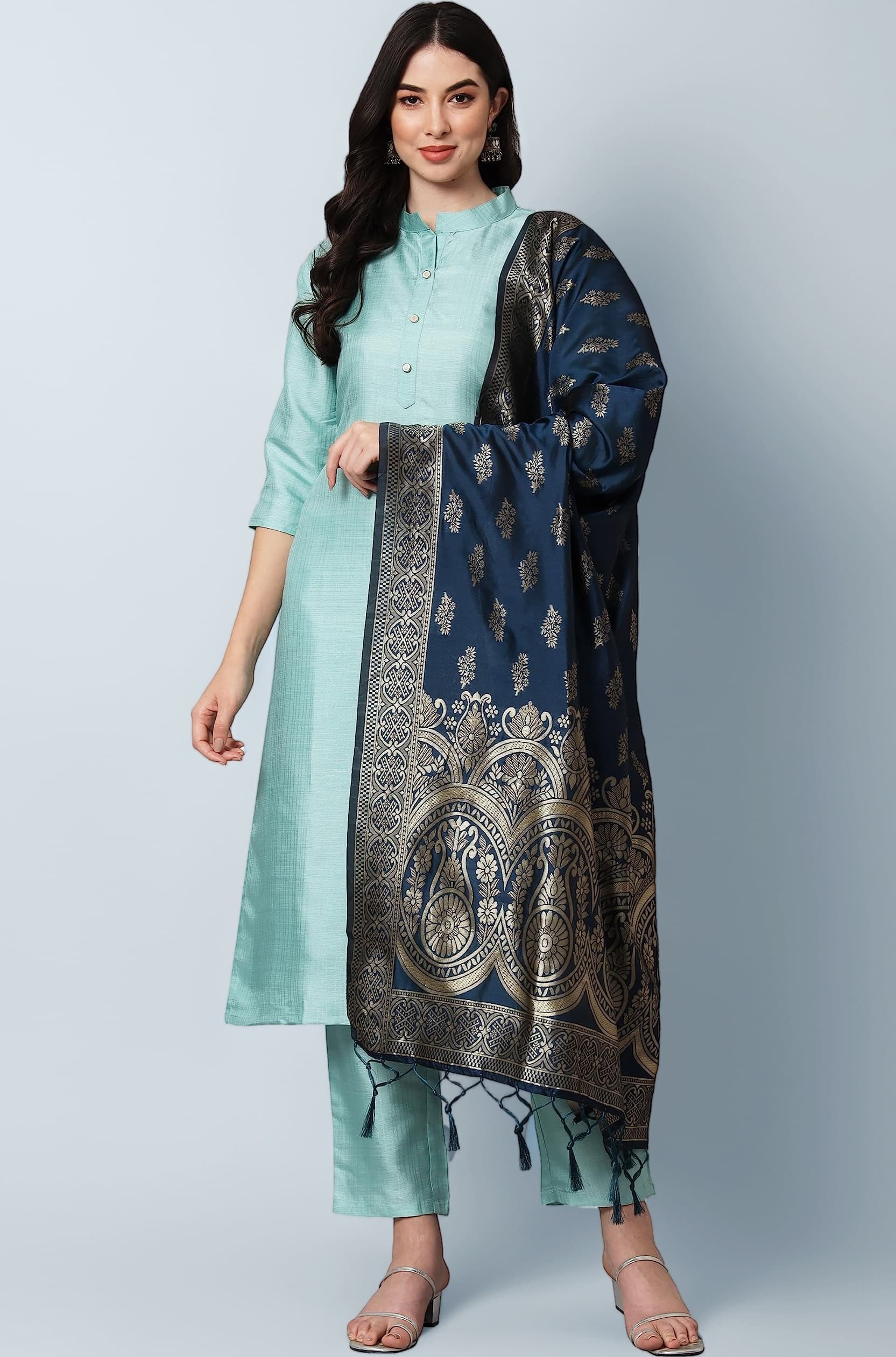 Women's Cotton Silk Blend Straight Kurta Set with Trouser Pant & Banarasi Silk Dupatta