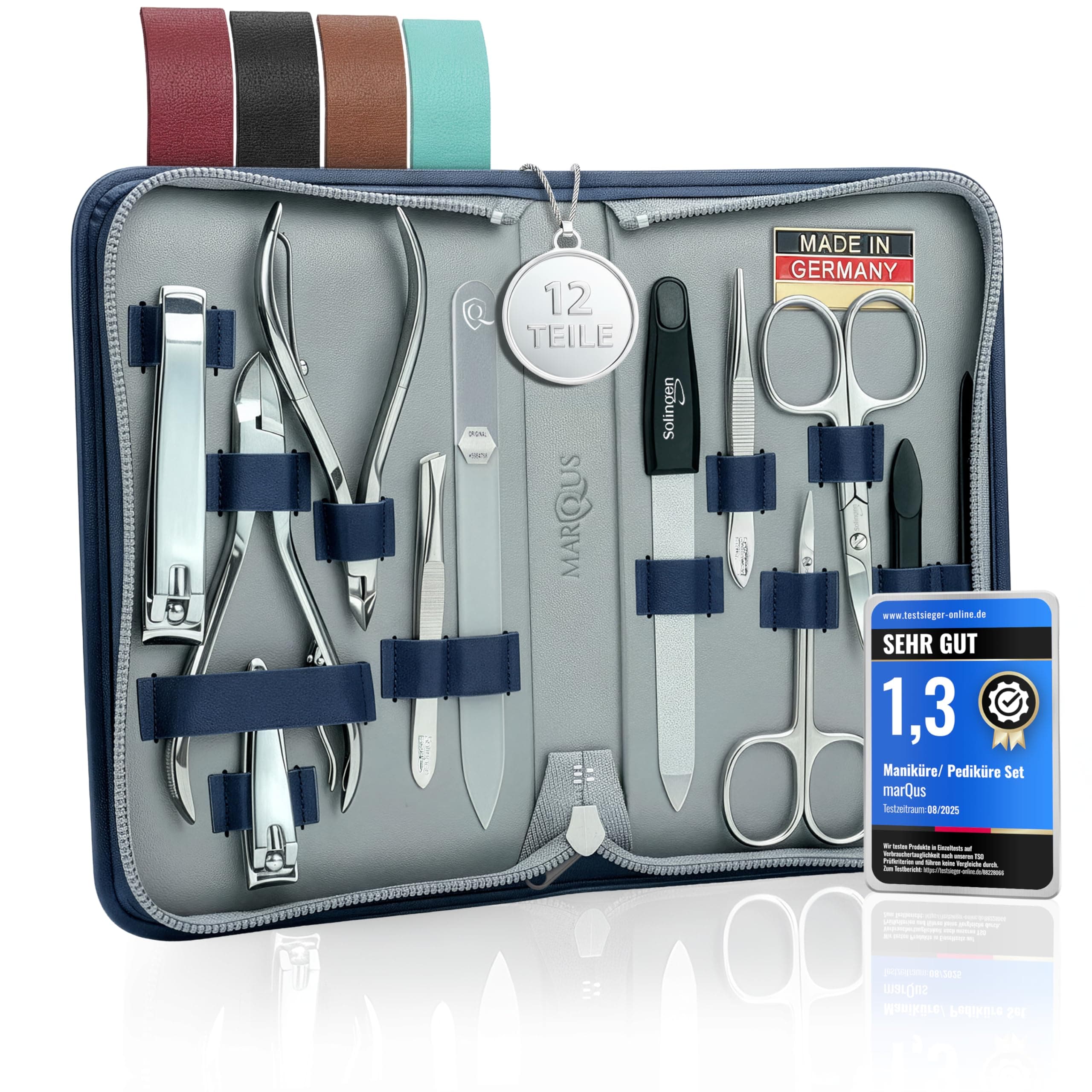 Solingen Manicure Pedicure Set - 12 Pieces in Genuine Leather Case Handy and Soft - Complete Kit with Everything for Hand and Foot Care, Nail Set Blue