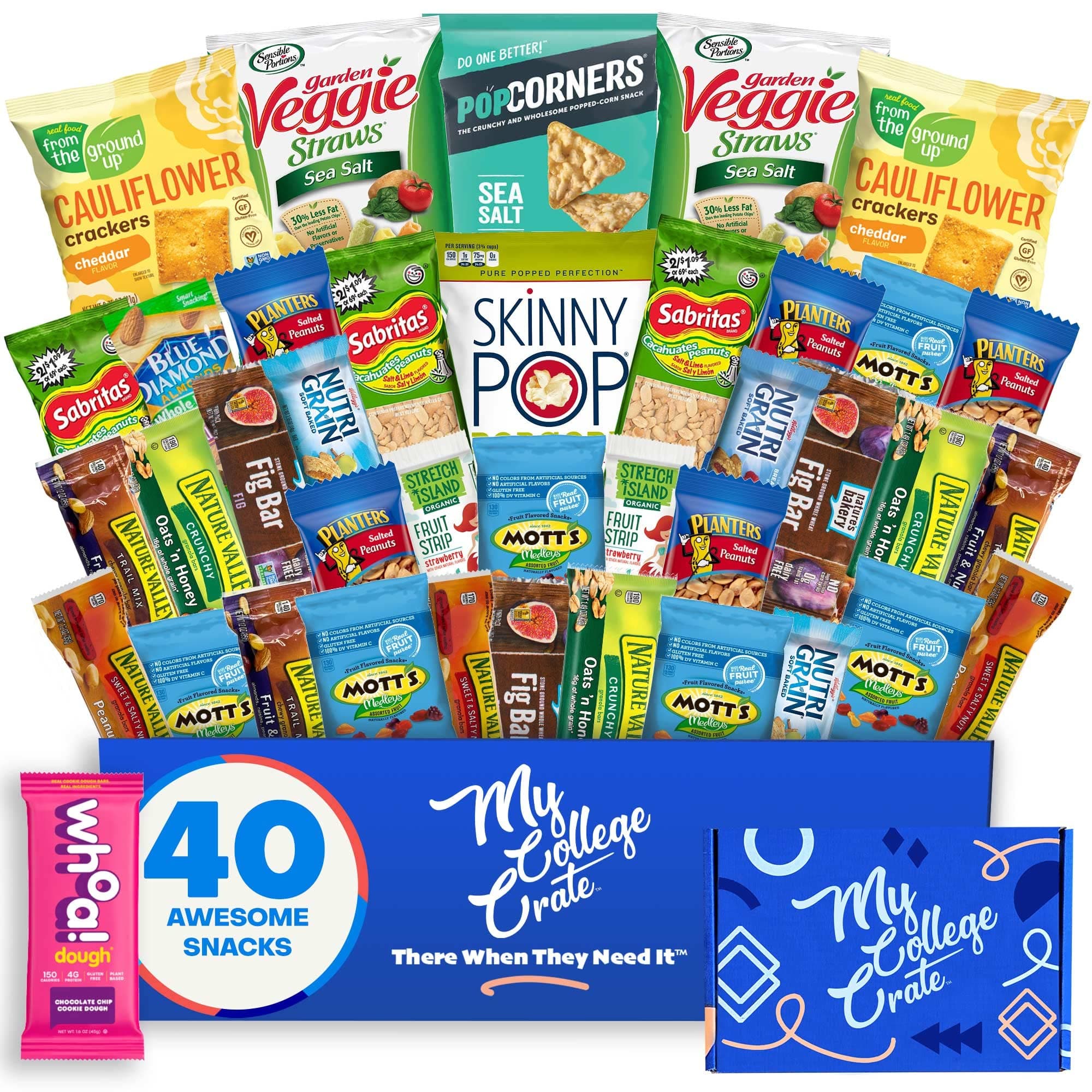 My College Crate - 40 Piece Healthy Care Package - Snack Box Variety Pack for Adults - Bulk Food Box with Veggie Straws, Skinny Pop, Granola Bars, Nuts, Fruit Bars and Fig Bars