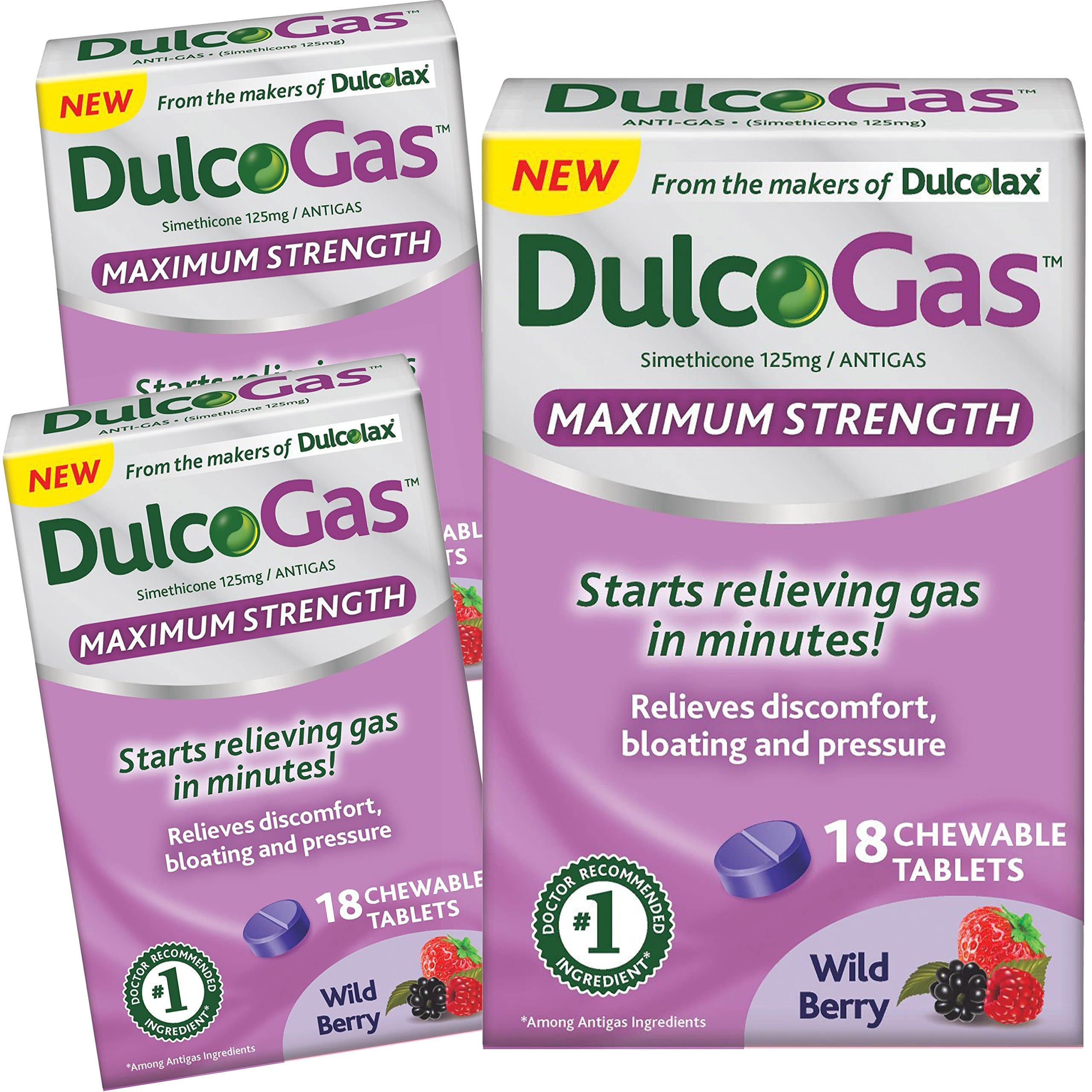 (3 Pack) Dulcogas Maximum Strength Antigas Tablets, Wild Berry, 18 Ct ea.