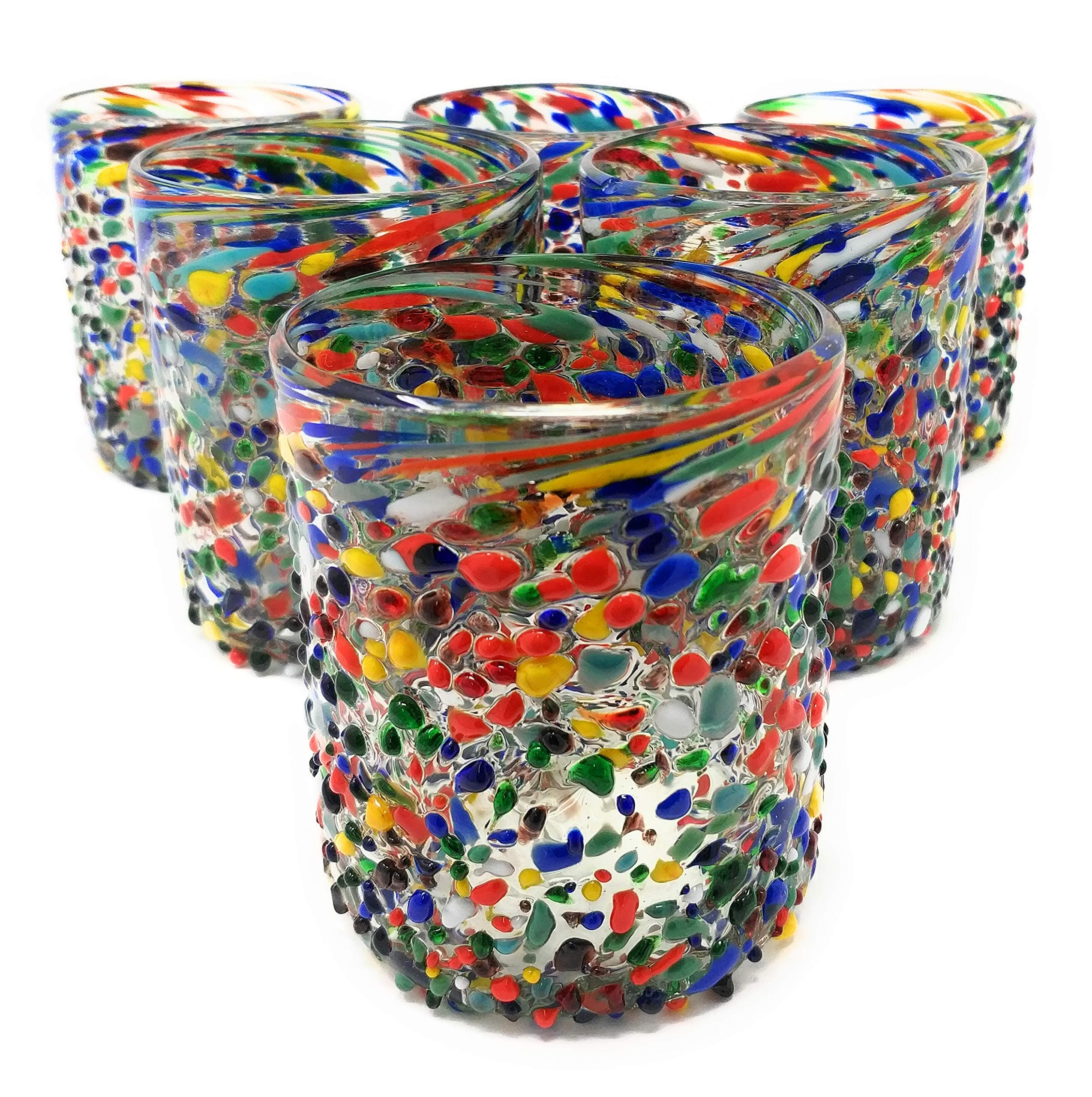 Dos Sueños Hand Blown Mexican Drinking Gl – Set of 6 Confetti Rock Tumbler Gl (10 oz each)